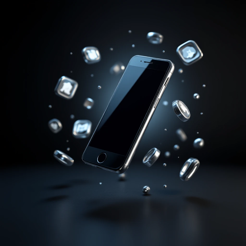 *"A highly detailed, 3D-rendered digital image of a modern smartphone floating in mid-air at a slight angle, showcasing a realistic interface on its screen. The phone has a sleek, metallic frame and a high-resolution display. Surrounding the smartphone are multiple glossy, three-dimensional icons, each encased in a reflective silver border, appearing to float dynamically around the device. The icons are positioned at varying angles and distances, creating a sense of depth and motion.
The lighting is soft and well-balanced, with subtle highlights and reflections on the phone and icons, enhancing the realistic appearance. The background is a dark gradient with a slight glow effect around the phone and icons, making the elements stand out sharply. The composition is centered, ensuring the smartphone remains the focal point while the floating icons provide an engaging visual effect."*
