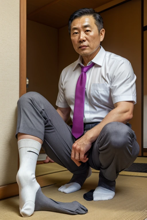 40 years old,Hidetoshi Nakata,(Kogoro Mori 1.3),whole body,Lean,muscle,office,grey socks,Feet raised,sofa,Baldhead ,transparent,Thick body hair,underwear,Topless,Densely hairy,Fortitude,HD,With a mustache