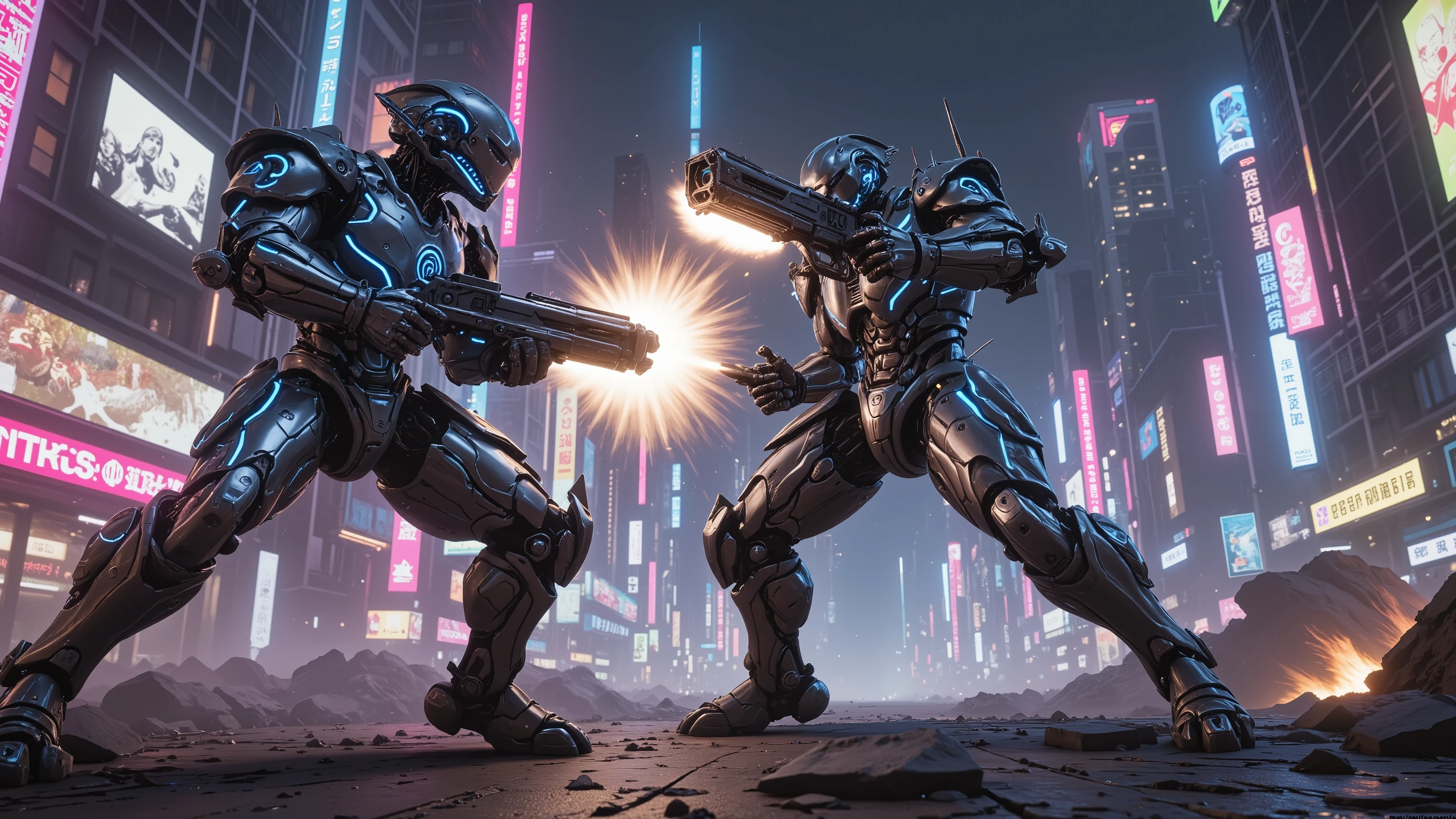 A dynamic action scene featuring two robot warriors in mid-combat, battling on the neon-lit streets of a high-tech sci-fi city, leaving destruction and chaos everywhere. The robots are metallic, with glowing blue circuits, wielding a plasma cannon against each other and a backdrop of towering skyscrapers with holographic billboards. The lighting is dramatic, with sharp contrasts between the neon glow and deep shadows, emphasising the robots' metallic sheen. The composition captures the robots from a low angle, highlighting their imposing stature and the chaotic urban environment. ray tracing, UHD, 16k, epic, cinematic, masterpiece, photorealistic, award-winning