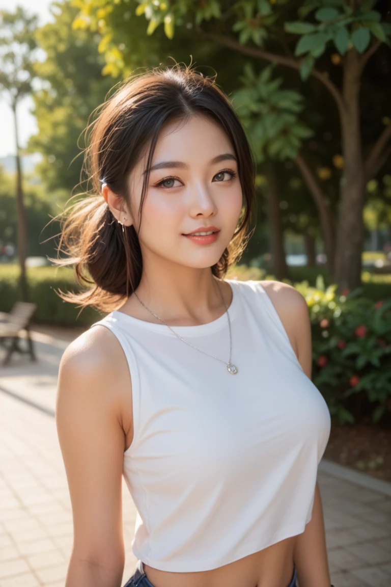 a lady, Photorealsitic, Natural skin, Natural lips, Natural eyebrows, depth of fields, ccurate, Super Detail, Best Quality, hight resolution, Anatomically correct, Textured skin, high details, High quality, tanktop, short skirt, full body, street of country