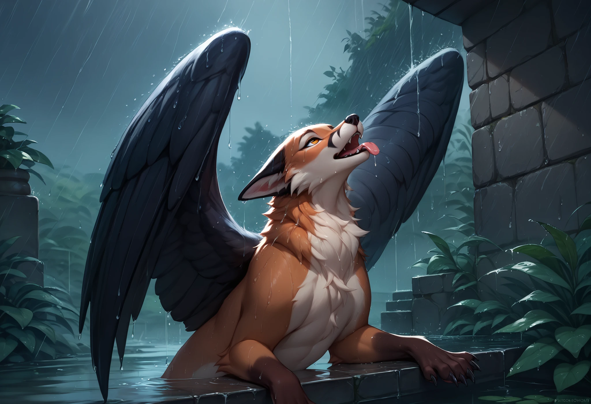 solo, ((feral)),The white feral female fox beastman sits on a stone against the background of a ruined city, he has big black wings on his back, a black arch flies over his head, rain, looking up, mouth open, tongue out, rain, wet fur