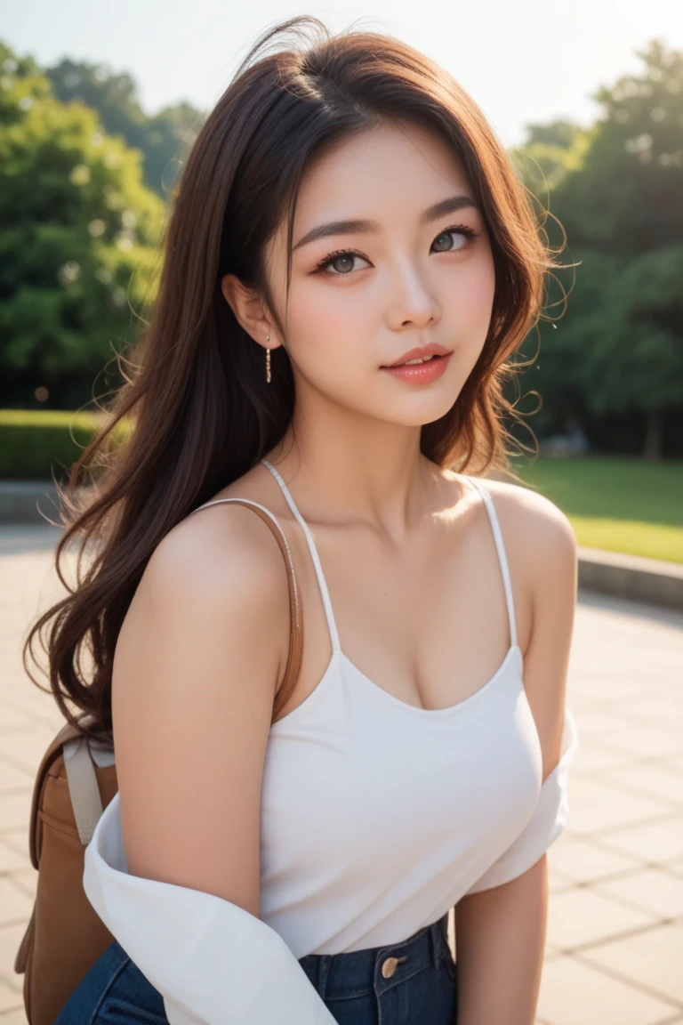 ((Best quality, 8K, masterpiece:1.3)),1girl,18 years old,Asian,Real texture:1.3,(Background blur:1.3),Gorgeous long dress,Tall and slender figure:1.2,(Hot summer weather),(street:1.3),Highly detailed face and skin textures,Exquisite eyes,Long eyelashes,Double eyelids,Skin Whitening,happy,Big breasts