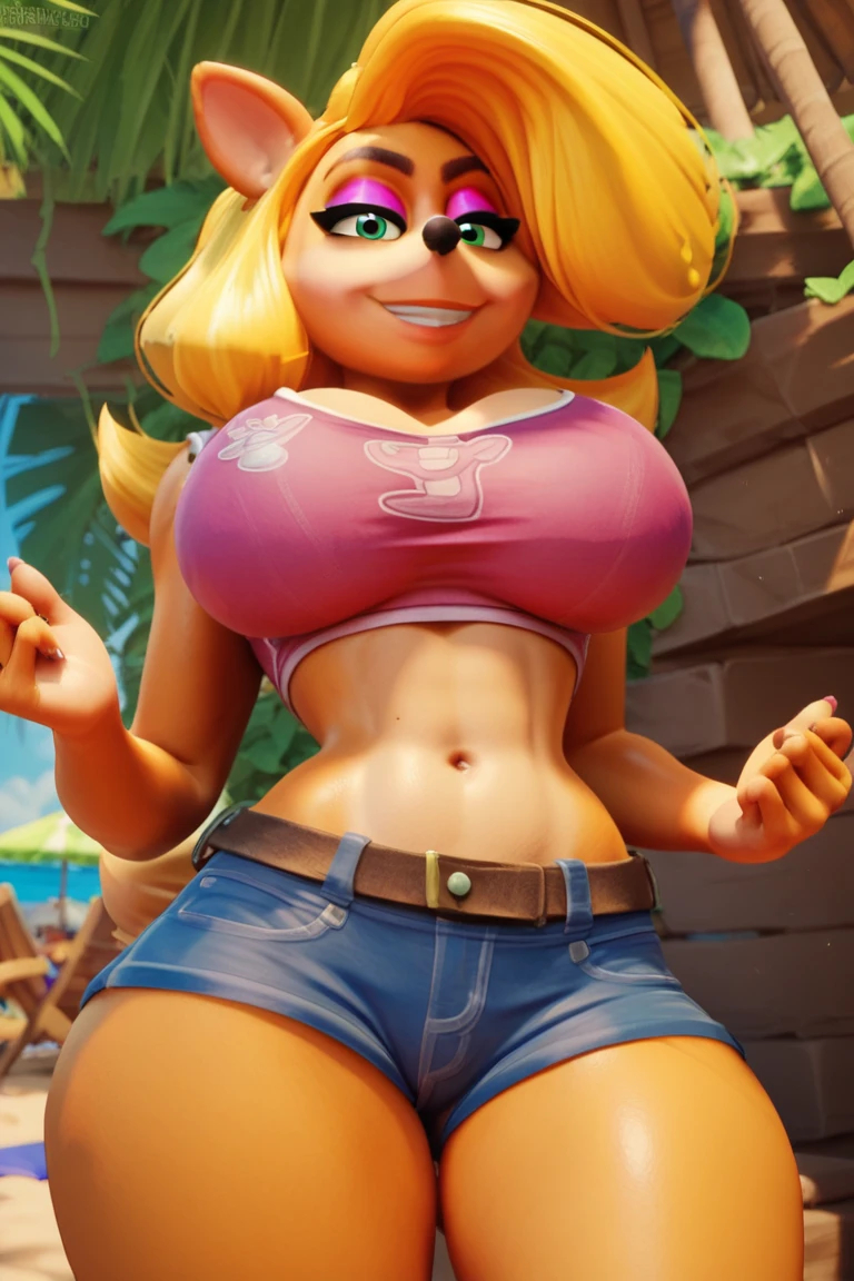 (8k, RAW photo, best quality, masterpiece:1.2), (realistic, photo-realistic:1.37), ultra-detailed, ultra high res, (by Cutesexyrobutts, by Keeltheequine, uploaded on e621), (a full-body portrait of Tawna Bandicoot), (posing on the beach), ((wearing a micro bikini)), (beautiful and detailed eyes: 1.1), detailed fur, seductive, sexy, voluptuous, curvy body, hourglass figure, large breasts, ((MILF, bimbo)), long legs, cinematic lighting, (f1.8 short focus bokeh)