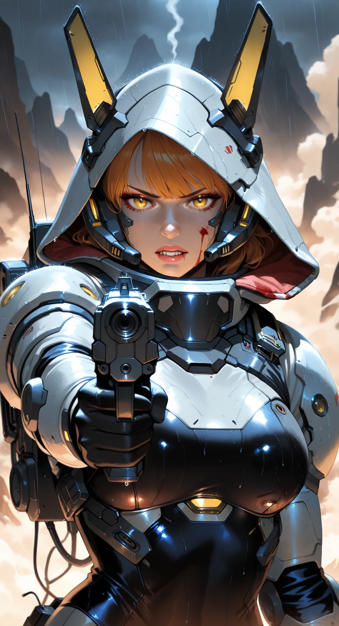 masterpiece, best quality, very aesthetic, absurdres, sharp details, 1girl, lips, makeup, blood, serious, yellow eyes, gloves, helmet, hood, looking at viewer, standing, science fiction, cyberpunk, radio antenna, cable, spacesuit, rain, mountain, solo, holding, aiming, aiming at viewer, blurry, realistic, upper body, blurry background, depth of field, Cyberpunk Gunfight, weapon, gun, holding weapon, holding gun, handgun, finger on trigger, freckles, black gloves, blood on face, looking ahead, machinery, smoke, teeth