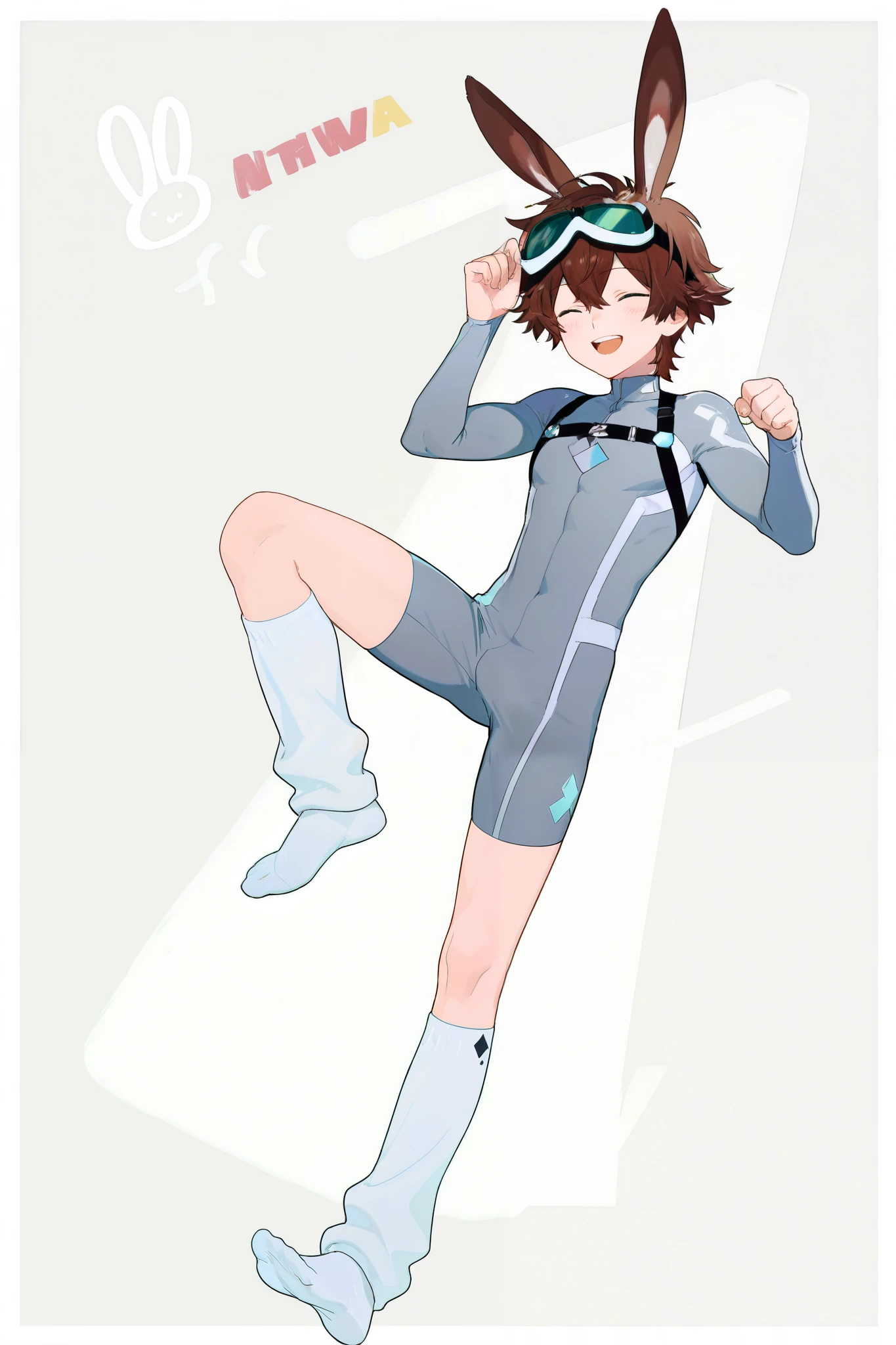 a boy, short hair,boy in grey bodysuit, stands,cute,A with brown hair wearing white over-the-knee cotton socks,happy,Goggles,Rabbit ears, masterpiece, best quality ,male focus