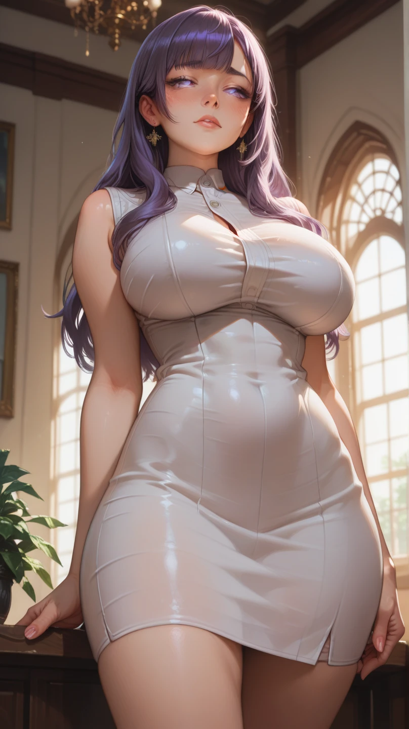 1 girl, dark purple hair, long hair, big lips, dark purple eyes, huge breasts, blush, blush on nose, open abdomen, focused portrait, horrible thighs, high thighs, wide hips, narrow waist , hourglass figure, silly, full body, sexy pose, dynamic pose, holographic dress, holographic colors, holographic latex, scoop neck dress, sparkly dress, holographic clothing, dainty necklace, earrings, micro dress, huge breasts, mid shot, long eyelashes, detailed eyes and face, cute face, black outline, inside mansion, staircase, window, plant, sunlight, ray tracing, caustics, bimbo, centered portrait, midshot, detailed background, anime, blunt bangs, hairclip