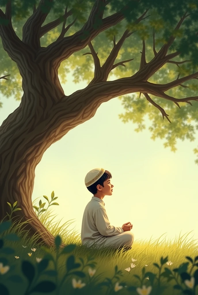 An Islamic boy, 6, sits in the forest of Kathuria and prays to Allah