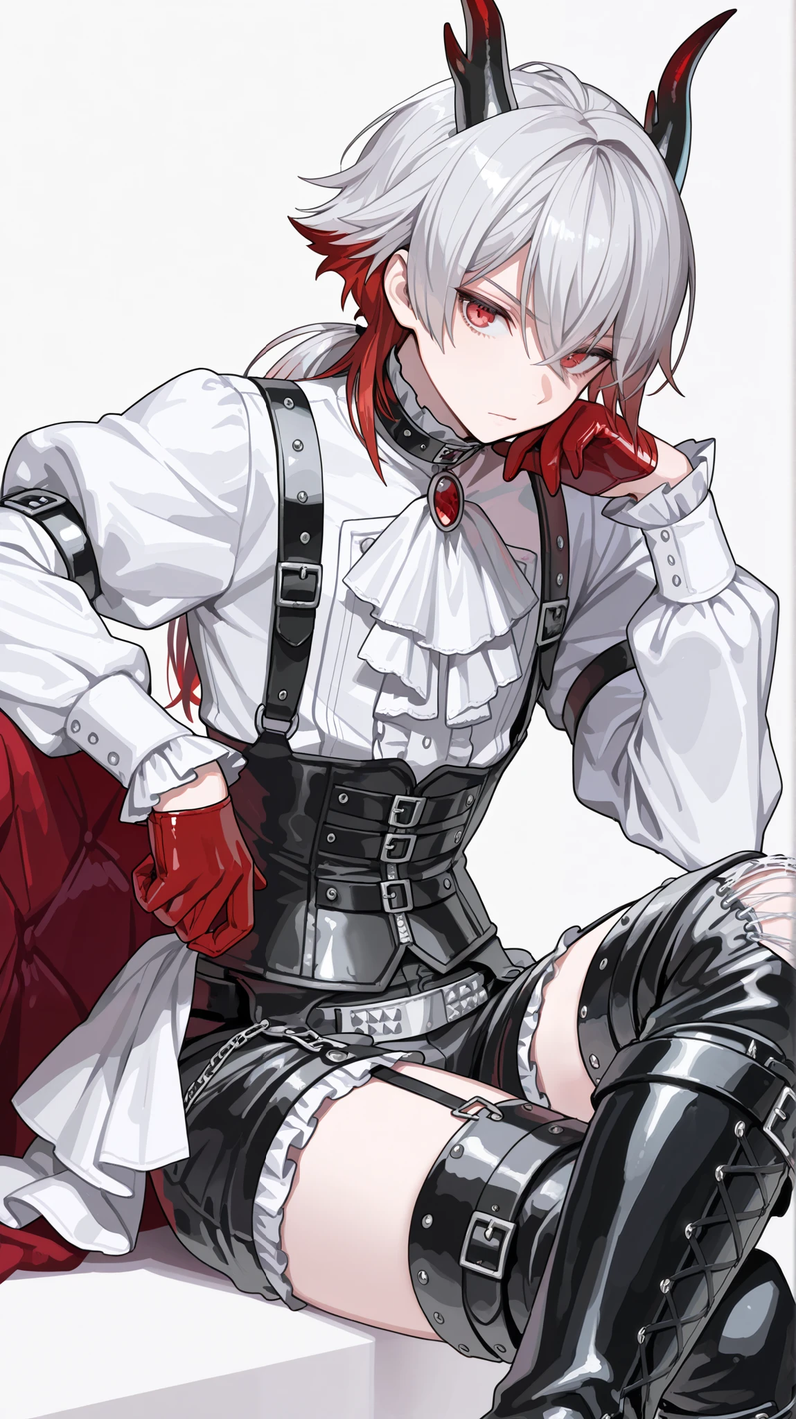 Male focus, Best Quality, Masterpiece, adult male, (8K, Best Quality, Masterpiece:1.2), Ultra Highres, Intricate Details, Gothic, 1boy, (beautiful face:1.2), frilled shirt, corset, bondages, simple background, low ponytail, puffed sleeves, solo, white shirt, mullet hair, silver hair, punk, Prince, androgynous, 18 years old, Gothic, red eyes, overknee boots, garter belts, leather, frilled pants,dragon horns, super short jumpsuits, silver hair with red hair tip highlight, half palm gloves, sitting, crossed legs