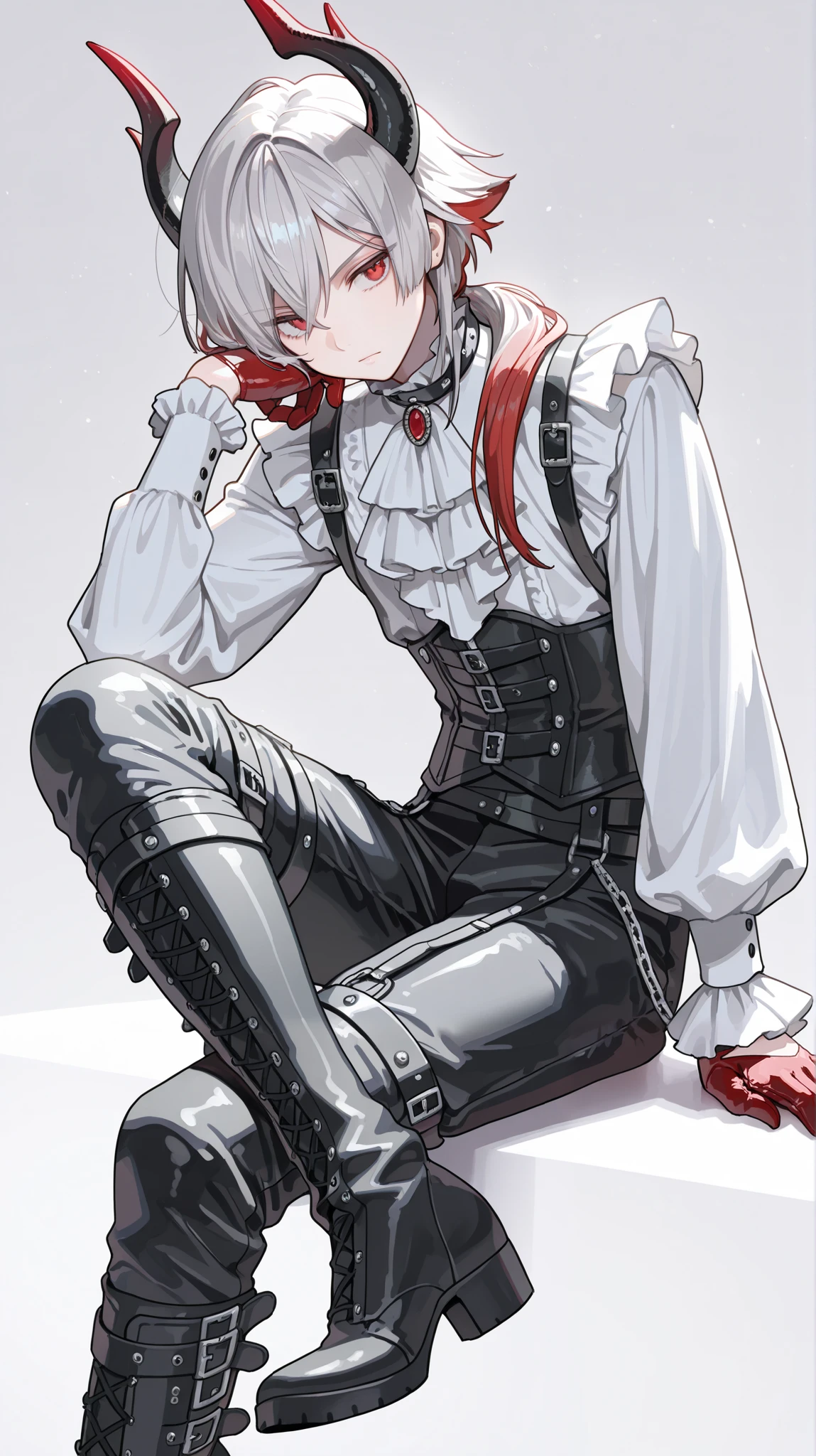 Male focus, Best Quality, Masterpiece, adult male, (8K, Best Quality, Masterpiece:1.2), Ultra Highres, Intricate Details, Gothic, 1boy, (beautiful face:1.2), frilled shirt, corset, bondages, simple background, low ponytail, puffed sleeves, solo, white shirt, mullet hair, silver hair, punk, Prince, androgynous, 18 years old, Gothic, red eyes, overknee boots, garter belts, leather, frilled pants,dragon horns, super short jumpsuits, silver hair with red hair tip highlight, half palm gloves, sitting, crossed legs, lifting one leg