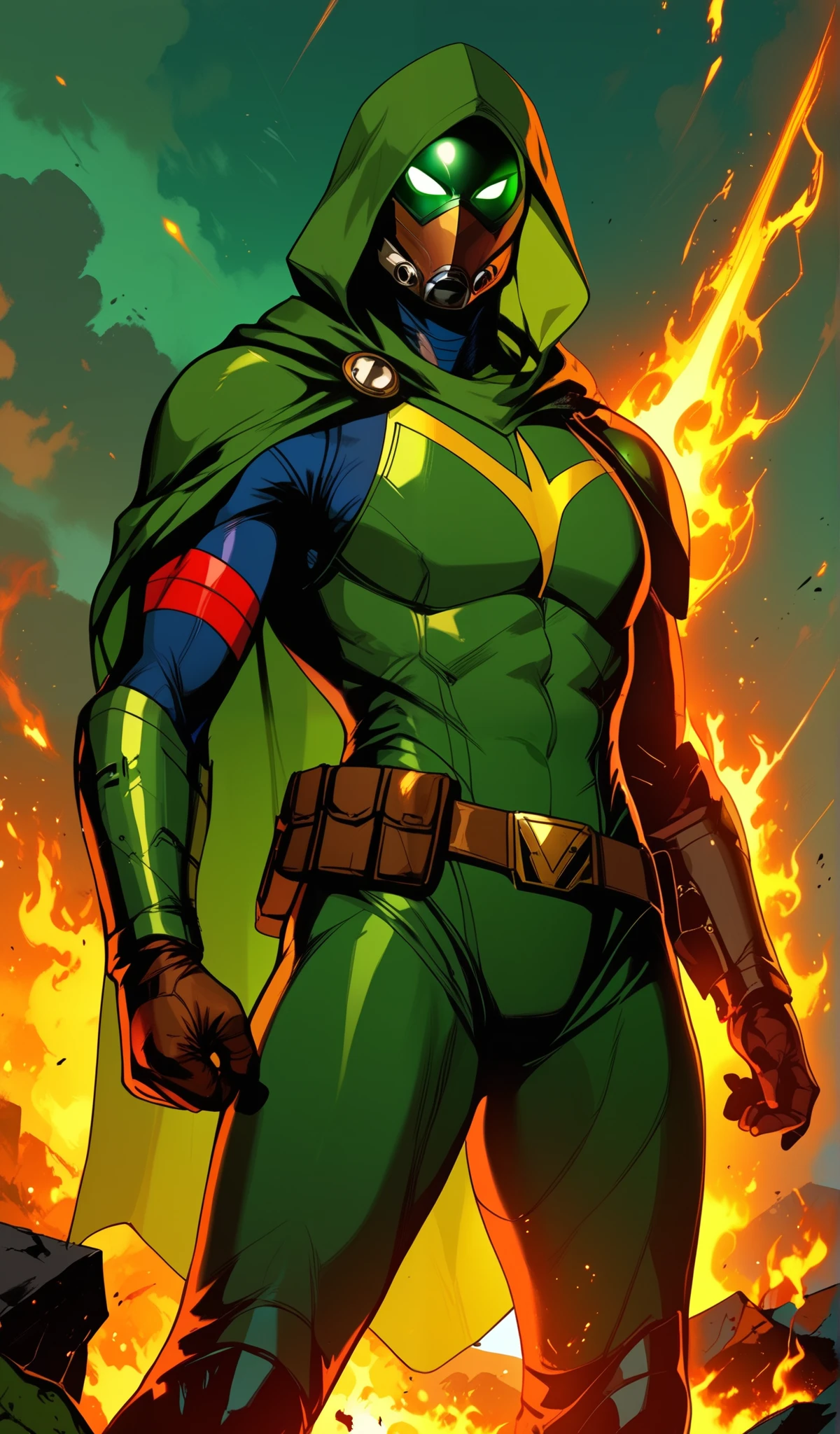 Drawn in 80’s anime art style.
Retro anime. Vintage Anime. Classical Anime.
This Superhero outfit is a highly recognizable and iconic superhero suit, primarily green and black, designed for both style and functionality. Here’s a detailed breakdown of its elements:
This person’s combat attire is a fusion of medieval warlord aesthetics, cutting-edge technology, and dark sorcery. He wears a cold, expressionless metal mask fused to his scarred face, paired with a reinforced helmet for added protection. His titanium alloy armor, sometimes infused with vibranium, grants superhuman strength, energy projection, and force field generation, making him nearly indestructible. Over this, he dons a fire-resistant green cloak and hood, often enchanted for extra defense. His gauntlets and boots contain built-in electrical weapons, jet propulsion for flight, and shock-absorption systems. A utility belt holds advanced gadgets, anti-magic tools, and teleportation devices, while his armor is infused with sorcery, allowing him to resist and counter magical attacks. His regal golden clasps, bearing the Latverian insignia, sometimes function as power sources or communication devices. This fearsome combination of strength, science, and sorcery makes Doom an unstoppable force on the battlefield.
This outfit not only provides protection but also enhances the Superhero’s combat capabilities, making them an effective and stylish anti-hero.