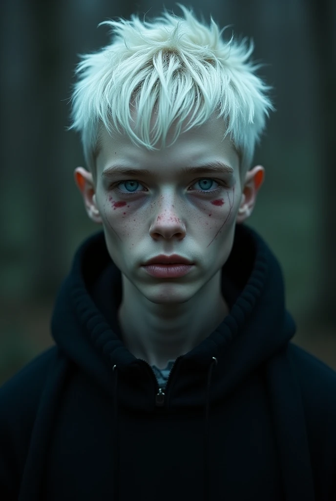 Please generate a beautiful 17 year old boy with blonde hair, blue eyes and a glare on his face and shoulder length white hair. He is medium height, lean and has no shirt on, with breeches on. Weather is dark and there is a red forest in the background. Captured as a cinematic film still, shot on a V-Raptor XL, the scene is enhanced with bright sharpness and post-processing. The cinematic lighting and 35mm film quality create an atmospheric, epic, and stunning masterpiece, full of dramatic flair.