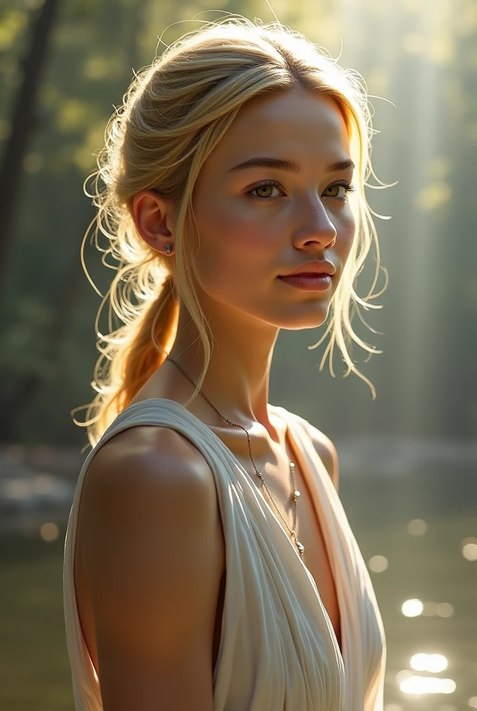 1Young European girl standing by the river on the grass, Trees can be seen in the distance, The girl is 23 years old, She has well-developed musculature, She has expressive dark gray eyes and a small mole on her cheek, The beauty of her European face is accentuated by a golden tan, sweat drops, Long wavy light brown fluffy hair, She wears a white blouse and shorts, She is beautiful, Greece, A hot summer day, 8K UHD, Best Quality, Masterpiece, extra high resolution, (Realism: 1.4), Original Photo, (realistic skin texture: 1.3), (Film grain: 1.3), Realistic lighting, Portrait to the hips, (chromatic aberration), (ray traced), is looking at the camera