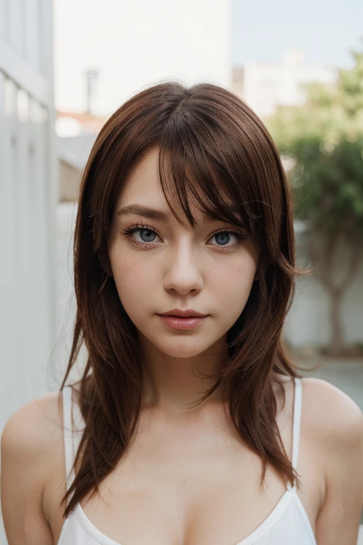 ((best quality)), ((masterpiece)), (detailed), perfect face, age about 20 years old, 1 girl, passport photo, straight photo, looking into the camera, blue eyes, brown hair, flowing long hair, photo