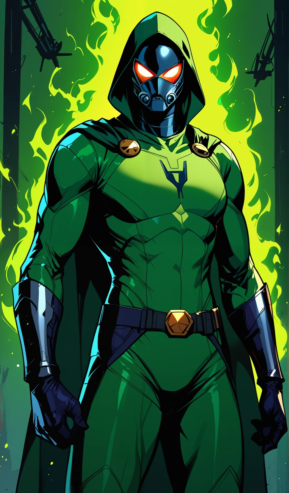 Drawn in 80’s anime art style.
Retro anime. Vintage Anime. Classical Anime.
This Superhero outfit is a highly recognizable and iconic superhero suit, primarily green and black, designed for both style and functionality. Here’s a detailed breakdown of its elements:
This person’s combat attire is a fusion of medieval warlord aesthetics, cutting-edge technology, and dark sorcery. He wears a cold, expressionless metal mask fused to his scarred face, paired with a reinforced helmet for added protection. His titanium alloy armor, sometimes infused with vibranium, grants superhuman strength, energy projection, and force field generation, making him nearly indestructible. Over this, he dons a fire-resistant green cloak and hood, often enchanted for extra defense. His gauntlets and boots contain built-in electrical weapons, jet propulsion for flight, and shock-absorption systems. A utility belt holds advanced gadgets, anti-magic tools, and teleportation devices, while his armor is infused with sorcery, allowing him to resist and counter magical attacks. His regal golden clasps, bearing the Latverian insignia, sometimes function as power sources or communication devices. This fearsome combination of strength, science, and sorcery makes Doom an unstoppable force on the battlefield.
This outfit not only provides protection but also enhances the Superhero’s combat capabilities, making them an effective and stylish anti-hero.