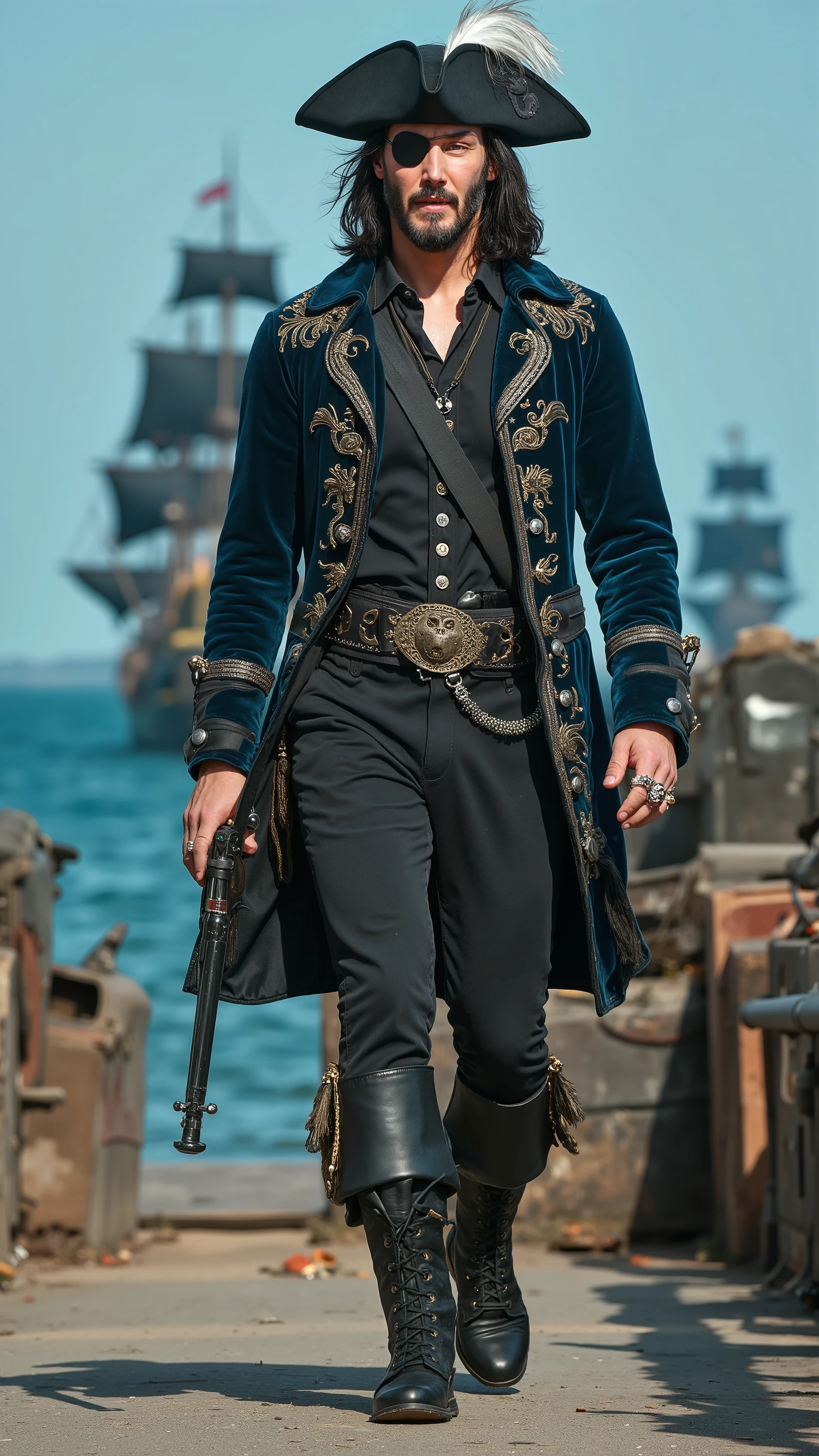 Keanu Reeves reimagined as a pirat walking and holding a pirate pistol、dramatic atmosphere, 1 male、
Long, slightly unkempt black hair falls past his shoulders, with strands blowing in the sea breeze. His left eye is concealed by a black eye patch over. A black tricorn hat, adorned with golden embroidery and a large white feather, sits atop his head.
He wears an ultra-luxurious pirate captain’s coat of deep midnight-blue velvet, lined with silver silk and embroidered with swirling wave-like patterns. The coat’s wide cuffs and lapels are adorned with polished silver buttons, and a black leather belt with an oversized silver skull buckle cinches his waist. Beneath the coat, he wears a fitted black silk shirt, partially unbuttoned, revealing a silver medallion resting on his chest. His dark leather trousers, reinforced with silver stitching, tuck into knee-high black leather boots fastened with silver buckles.
His fingers are adorned with several ornate rings, each encrusted with rubies, emeralds, and onyx, featuring intricate pirate insignias, serpents, and engraved skulls. In his right hand, he holds an exquisitely crafted flintlock pistol with a polished ebony grip, silver filigree along the barrel, and an intricate engraving of a kraken wrapping around its length.
,shows his male character's full figure, athletic body, perfect face, full body, extremely beautiful, god, male shape, perfect anatomy, The background features a fleet of pirate ships with towering black sails docked near a hidden cove. The decks are lined with crates of stolen treasures, coiled ropes, and weathered cannons aimed toward the horizon. Blue sky, sunny day, photorealistic, masterpiece, realistic, high contrast, 8k, HD, high definition detailed, detailed, hyper detailed, realistic skin texture, best quality, ultra high resolution, hyper realistic, no text, very detailed eyes, dramatic lighting