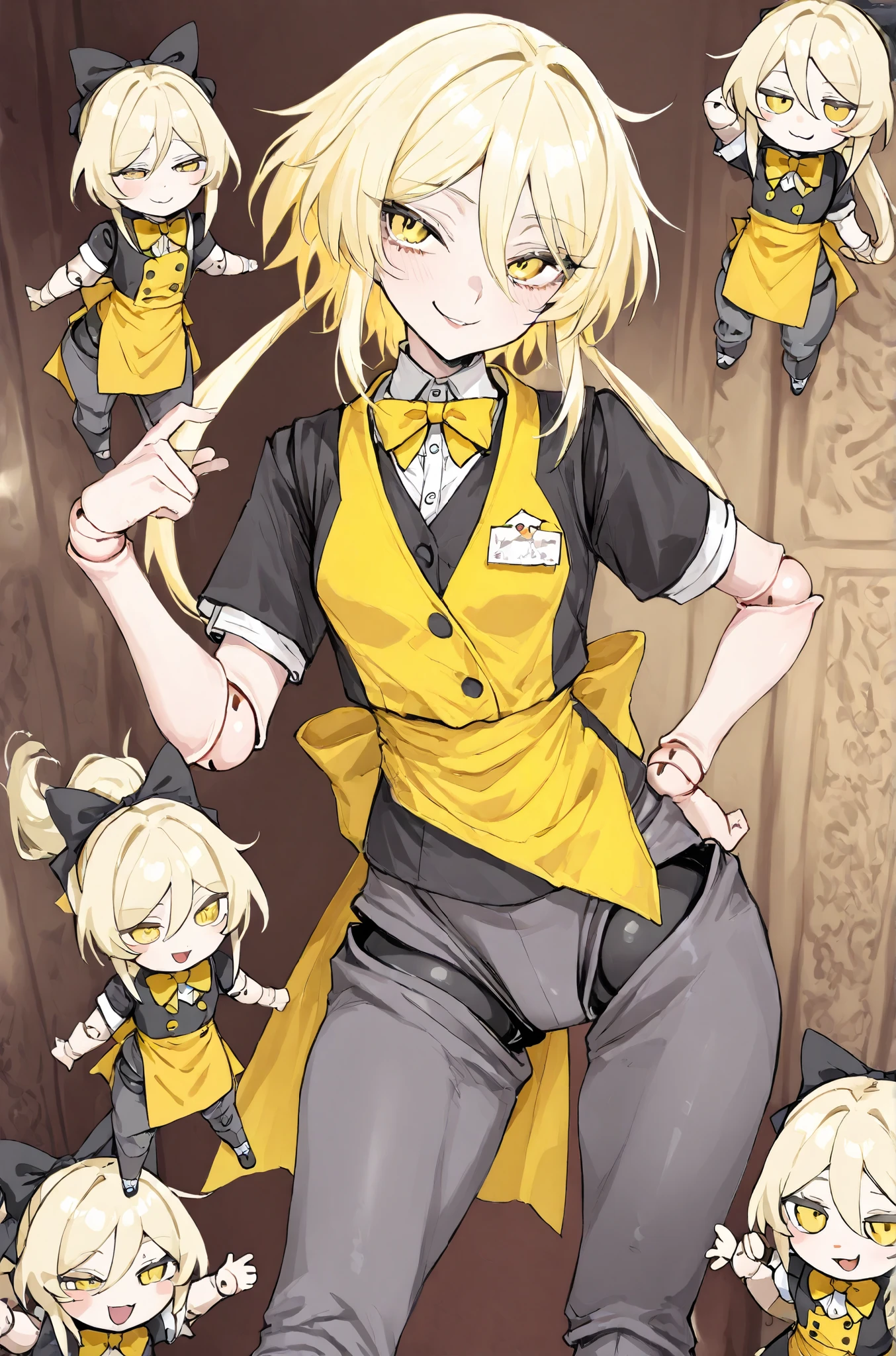 girl doll, Yellow waiter clothes with bow tie, Dark grey pants, short Light Yellow hair, 1 girl, (one) , doll joints, hips,(kind face), doll joints того же цвета что и одежда.
