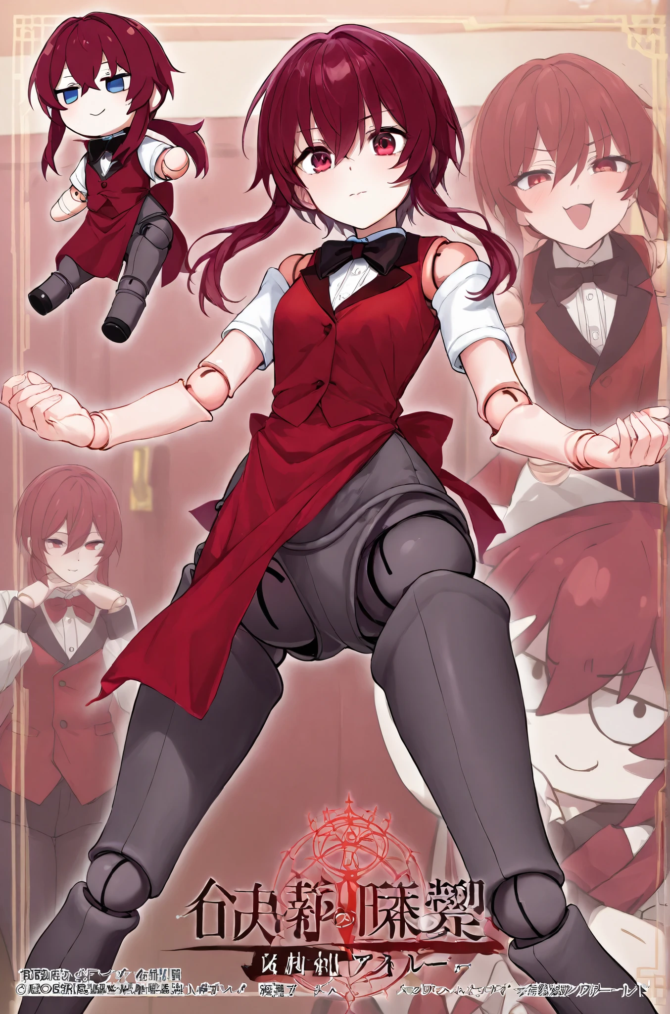 girl doll, Red waiter clothes with bow tie, Dark grey pants, short dark red hair, 1 girl, (one) , doll joints, hips,(kind face), doll joints того же цвета что и одежда.