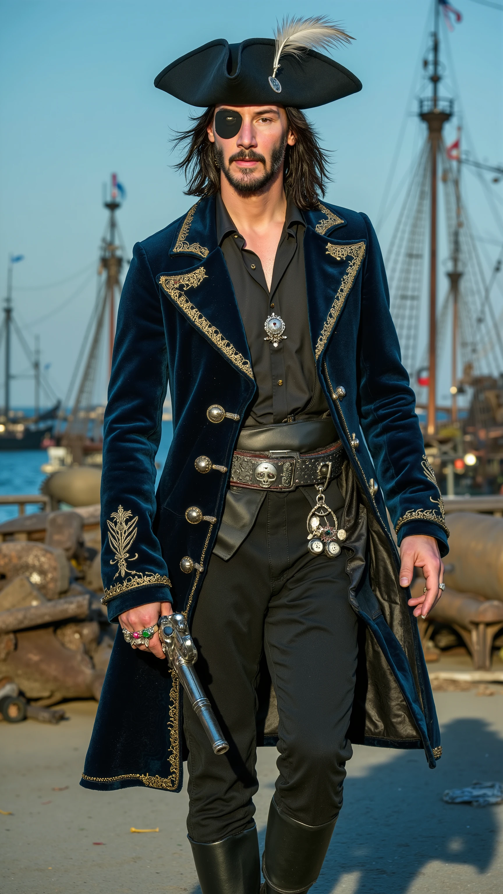Keanu Reeves reimagined as a pirat walking and holding a pirate pistol、dramatic atmosphere, 1 male、
Long, slightly unkempt black hair falls past his shoulders, with strands blowing in the sea breeze. His left eye is concealed by a black eye patch over. A black tricorn hat, adorned with golden embroidery and a large white feather, sits atop his head.
He wears an ultra-luxurious pirate captain’s coat of deep midnight-blue velvet, lined with silver silk and embroidered with swirling wave-like patterns. The coat’s wide cuffs and lapels are adorned with polished silver buttons, and a black leather belt with an oversized silver skull buckle cinches his waist. Beneath the coat, he wears a fitted black silk shirt, partially unbuttoned, revealing a silver medallion resting on his chest. His dark leather trousers, reinforced with silver stitching, tuck into knee-high black leather boots fastened with silver buckles.
His fingers are adorned with several ornate rings, each encrusted with rubies, emeralds, and onyx, featuring intricate pirate insignias, serpents, and engraved skulls. In his right hand, he holds an exquisitely crafted flintlock pistol with a polished ebony grip, silver filigree along the barrel, and an intricate engraving of a kraken wrapping around its length.
,shows his male character's full figure, athletic body, perfect face, full body, extremely beautiful, god, male shape, perfect anatomy, The background features a fleet of pirate ships with towering black sails docked near a hidden cove. The decks are lined with crates of stolen treasures, coiled ropes, and weathered cannons aimed toward the horizon. Blue sky, sunny day, photorealistic, masterpiece, realistic, high contrast, 8k, HD, high definition detailed, detailed, hyper detailed, realistic skin texture, best quality, ultra high resolution, hyper realistic, no text, very detailed eyes, dramatic lighting