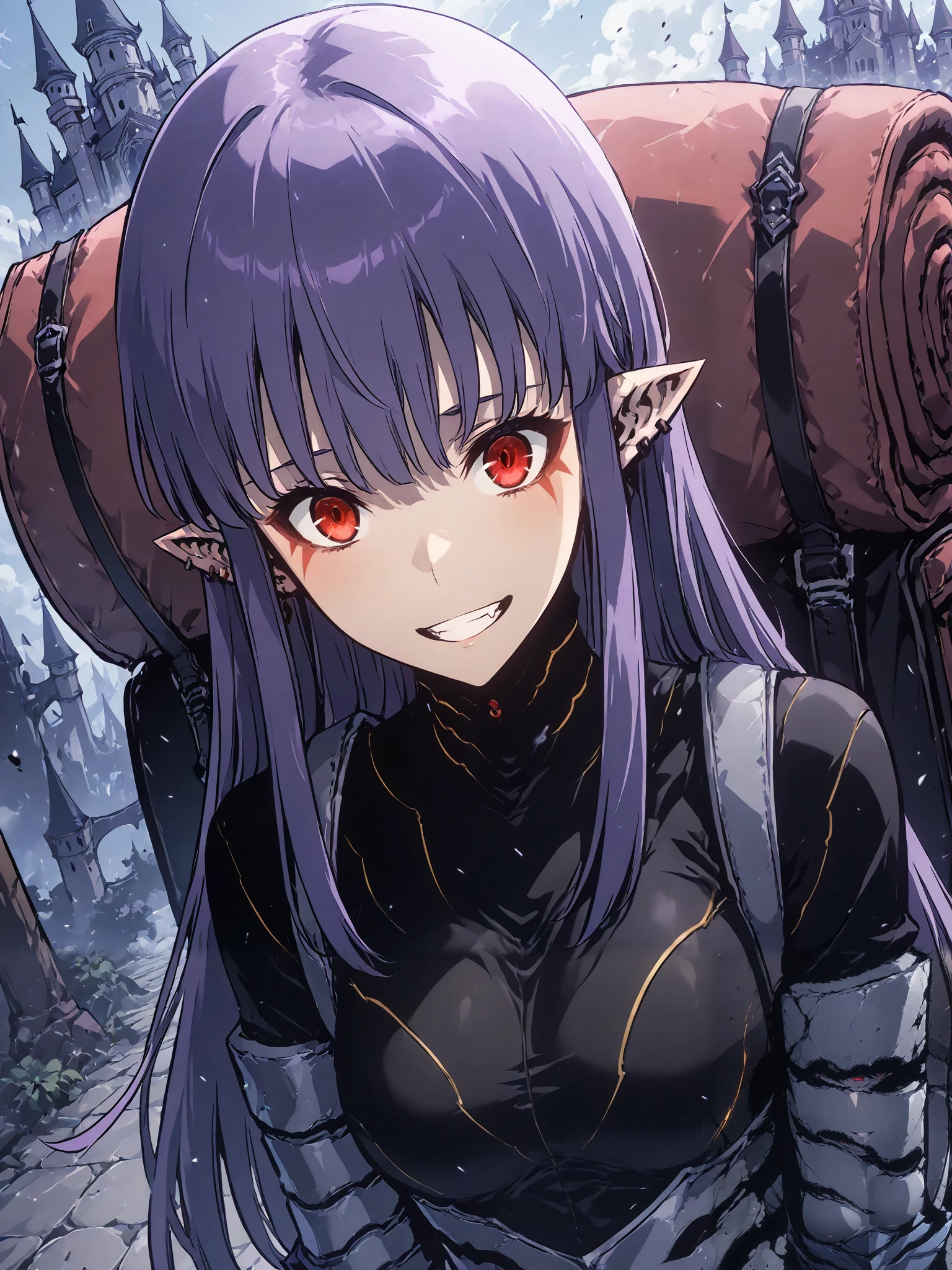 1girl, solo, esil radiru, beautiful, happy, elated, smiling wide, plain black shirt, slender body, medium breasts, crimson eyes, highly detailed eyes, expressive eyes, natural eye shape, iris with visible details, anatomically correct, super detailed, high details, intricate details, accurate, dynamic angle, dynamic poses, highres, absurdres, (masterpiece:1.5), (best quality:1.2), amazing quality, 4k, demon castle, looking at viewer, carrying large oversized backpack, upper body, zoom in