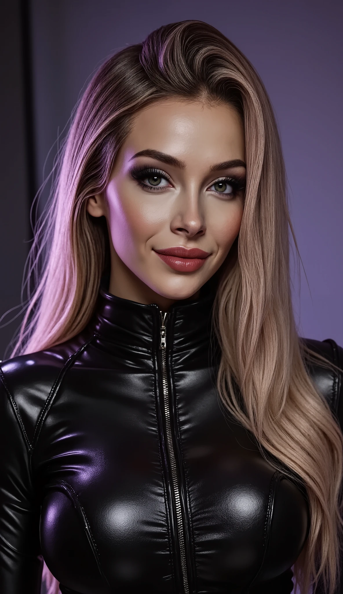 (masterpiece, best quality:1.2), 1girl, solo, woman, mid body image, (makeup:1.4), turtleneck latex outfit, zipper, highly detailed fur, natural skin texture, 4k textures, Highly detailed perfect , Lightroom, Intricate, Ultra-Realistic, Out There, (HDR:1.3), UHD, (Intricate Detail, Hyper-Detailed:1.1), Cinematic, Photoreal, (Dark Shot:1.2), Dramatic, High Contrast, (Warm Color:1.1) , muted colors, master piece, elegant, sharp focus, looking at the viewer, black to purple gradient background, solid dark black with purple gradient background, neutral studio background