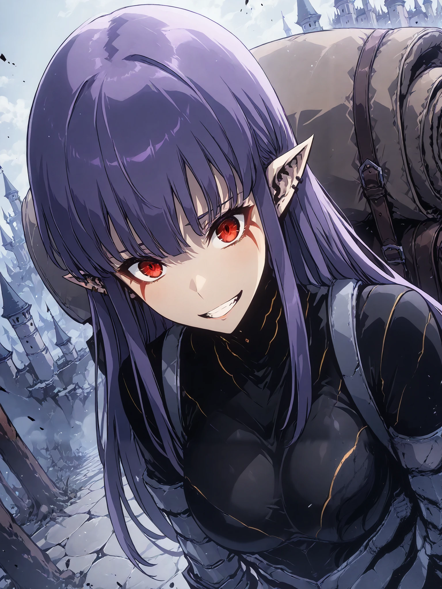 1girl, solo, esil radiru, beautiful, happy, elated, smiling wide, plain black shirt, slender body, medium breasts, crimson eyes, highly detailed eyes, expressive eyes, natural eye shape, iris with visible details, anatomically correct, super detailed, high details, intricate details, accurate, dynamic angle, dynamic poses, highres, absurdres, (masterpiece:1.5), (best quality:1.2), amazing quality, 4k, demon castle, looking at viewer, carrying large oversized backpack, upper body, zoom in