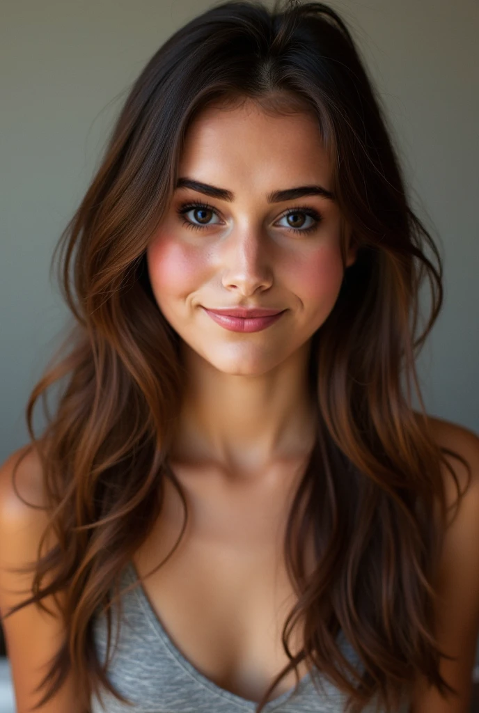 beautiful young woman, high quality Twenty-seven year old woman. Short stature and thin body, generous chest and pronounced hips. wide, color chocolate, curly. heart shaped face, pretty little nose dotted with freckles, big hazel eyes, and long, bushy eyelashes. Front teeth slightly separated. Full and sexy lips. shy smile. light in the face. full body image. Elegant outfit. City background.