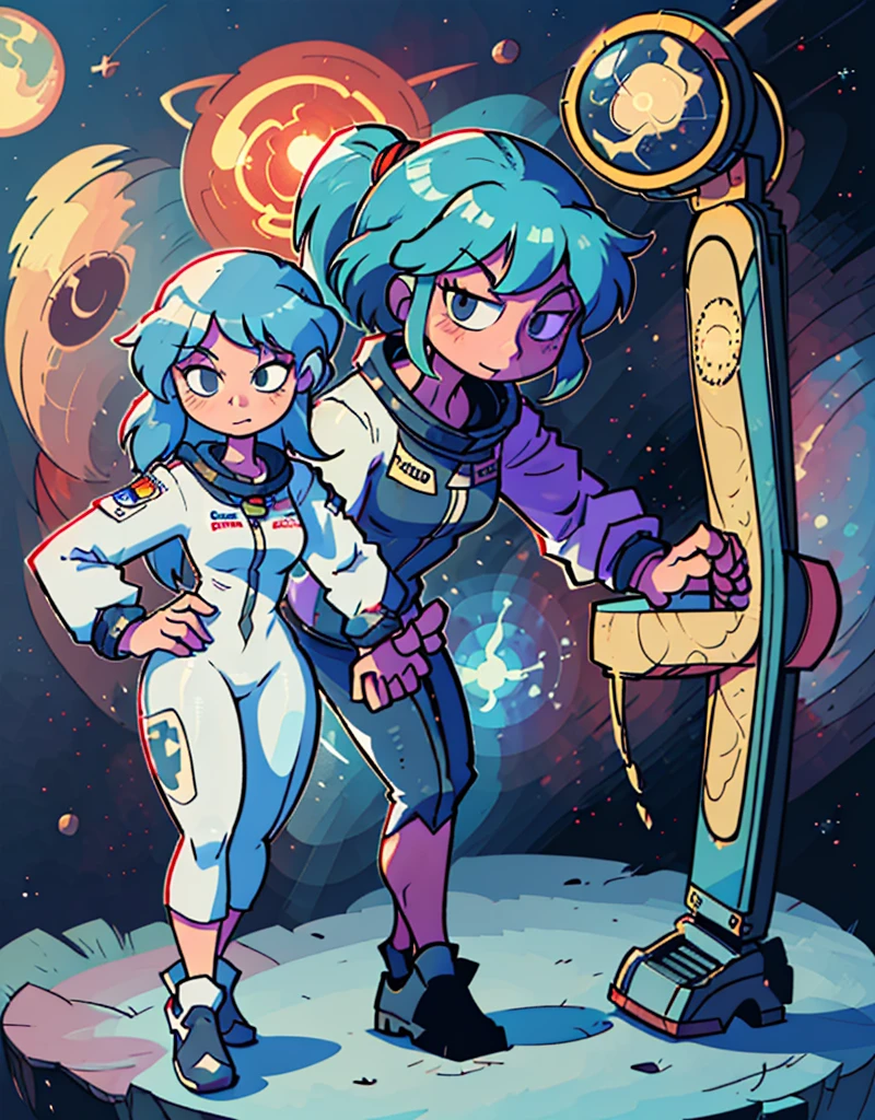 a drawing of a woman with blue hair and a guitar, 1 7 - year - old anime space goddess, rounded face, rounded chin, flat chest, big eyes, circle eyes, anime eyes, anime character design, anime concept art, anime character reference sheet, best anime character design, colored concept art, anime style”, anime character, light shining aura, character design : : gothic, high quality model sheet, female anime character, sona is a slender.