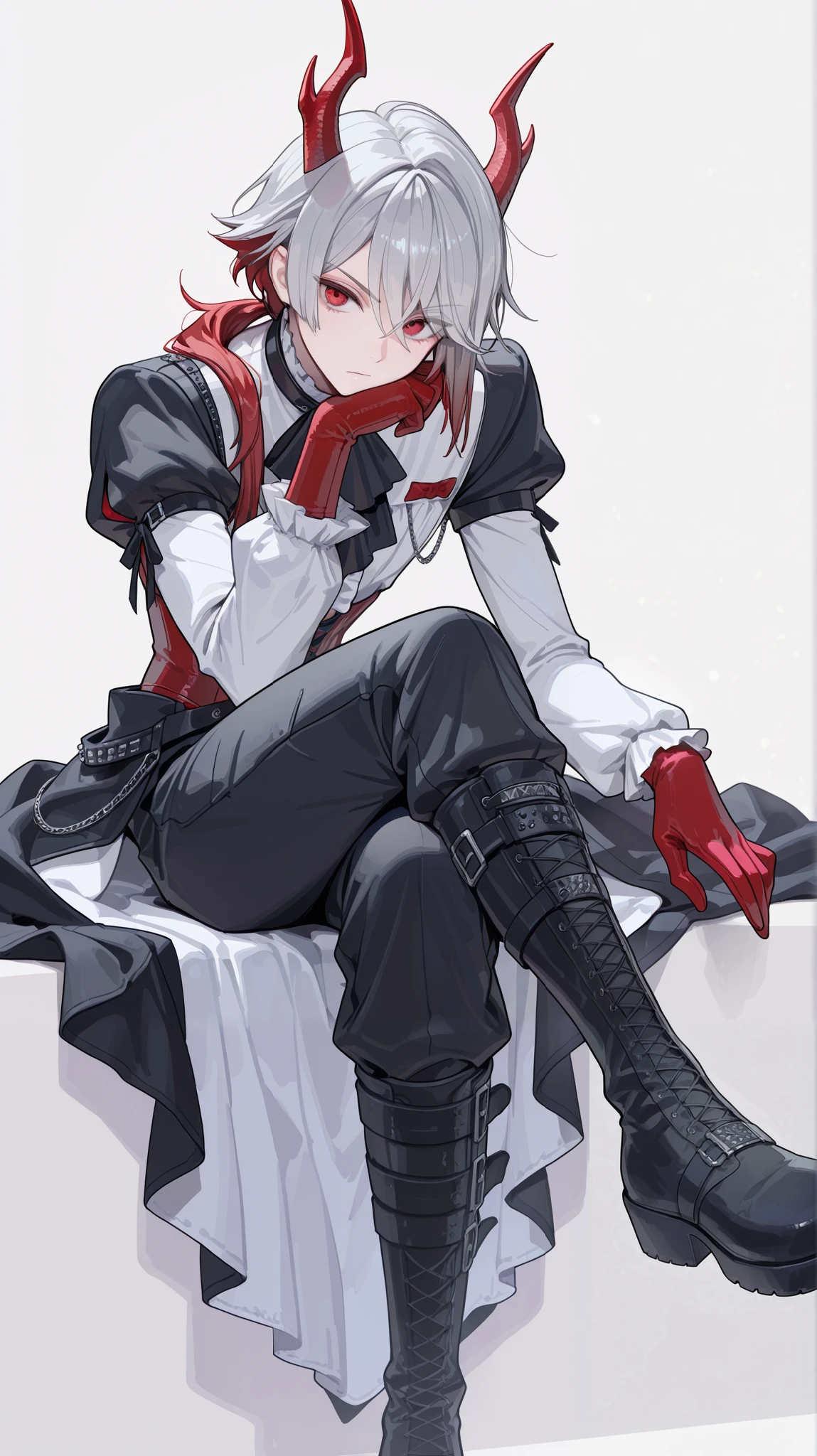 crossed legs, sitting, Male focus,Best Quality, Masterpiece, adult male, (8K, Best Quality, Masterpiece:1.2), Ultra Highres, Intricate Details, Gothic, 1boy, (beautiful face:1.2), frilled shirt, (knickerbockers:1.2), corset, knee high boots, bondages, simple background, low ponytail, puffed sleeves, solo, white shirt, mullet hair, silver hair, punk, Prince, androgynous, Gothic, red eyes,dragon horns, jumpsuits, silver hair with red hair tip highlight, red half palm gloves, overskirt, lifting one leg, puffed pants