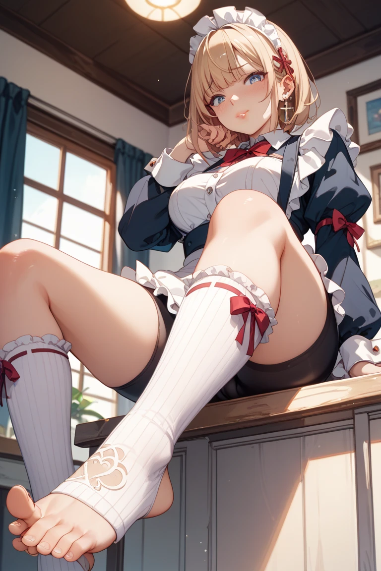 (Very detailed CG Unity 8K 壁紙),(masterpiece), (Highest quality), (Very detailed), (Best illustrations),(Best Shadow)、(Perfect Eyes)、1girl black_panties blue_eyes breast_pocket breasts brown_hair cameltoe commentary_request dress flexible hair_between_eyes highres indoors kantai_collection large_breasts leg_lift leg_up panties pocket ponytail revision ruschuto saratoga_(kancolle) short_sleeves side_ponytail sidelocks smokestack_hair_ornament solo split standing standing_on_one_leg standing_split underwear white_dress