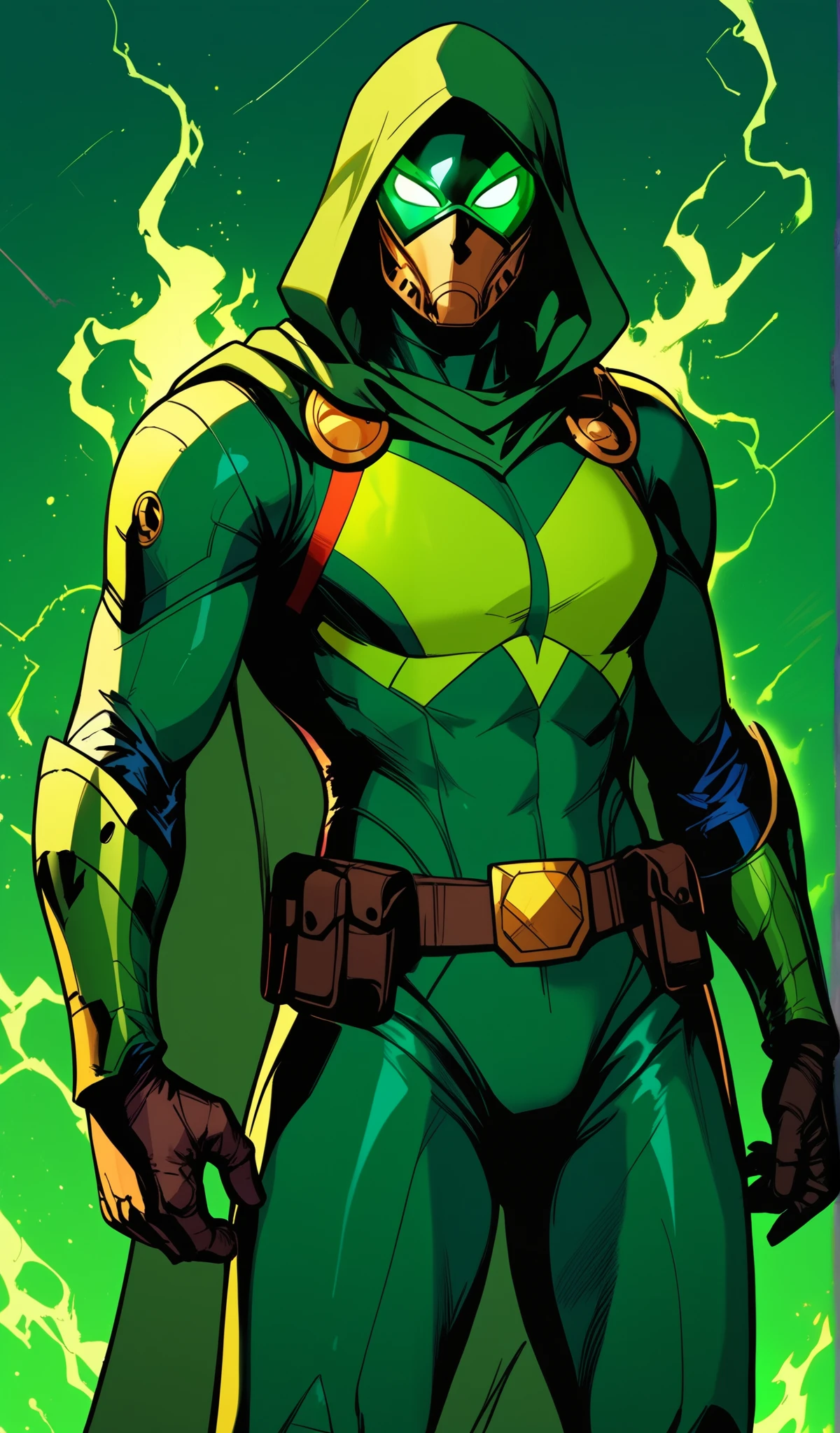 Drawn in 80’s anime art style. 
Retro anime. Vintage Anime. Classical Anime. 

This Superhero outfit is a highly recognizable and iconic superhero suit, primarily green and black, designed for both style and functionality. Here’s a detailed breakdown of its elements:

This person’s combat attire is a fusion of medieval warlord aesthetics, cutting-edge technology, and dark sorcery. He wears a cold, expressionless metal mask fused to his scarred face, paired with a reinforced helmet for added protection. His titanium alloy armor, sometimes infused with vibranium, grants superhuman strength, energy projection, and force field generation, making him nearly indestructible. Over this, he dons a fire-resistant green cloak and hood, often enchanted for extra defense. His gauntlets and boots contain built-in electrical weapons, jet propulsion for flight, and shock-absorption systems. A utility belt holds advanced gadgets, anti-magic tools, and teleportation devices, while his armor is infused with sorcery, allowing him to resist and counter magical attacks. His regal golden clasps, bearing the Latverian insignia, sometimes function as power sources or communication devices. This fearsome combination of strength, science, and sorcery makes Doom an unstoppable force on the battlefield.

This outfit not only provides protection but also enhances the Superhero’s combat capabilities, making them an effective and stylish anti-hero.