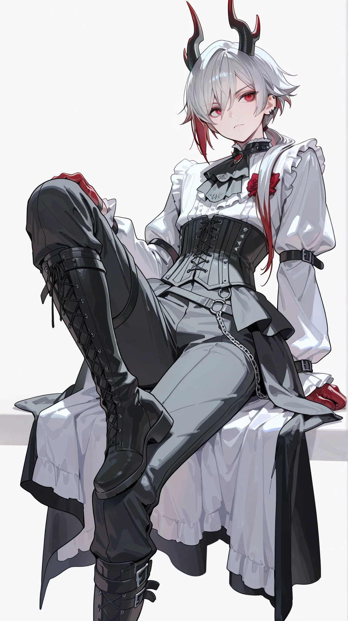 crossed legs, sitting, Male focus,Best Quality, Masterpiece, adult male, (8K, Best Quality, Masterpiece:1.2), Ultra Highres, Intricate Details, Gothic, 1boy, (beautiful face:1.2), frilled shirt, (knickerbockers:1.2), corset, knee high boots, bondages, simple background, low ponytail, puffed sleeves, solo, white shirt, mullet hair, silver hair, punk, Prince, androgynous, Gothic, red eyes,dragon horns, jumpsuits, silver hair with red hair tip highlight, half palm gloves, overskirt, lifting one leg, puffed pants