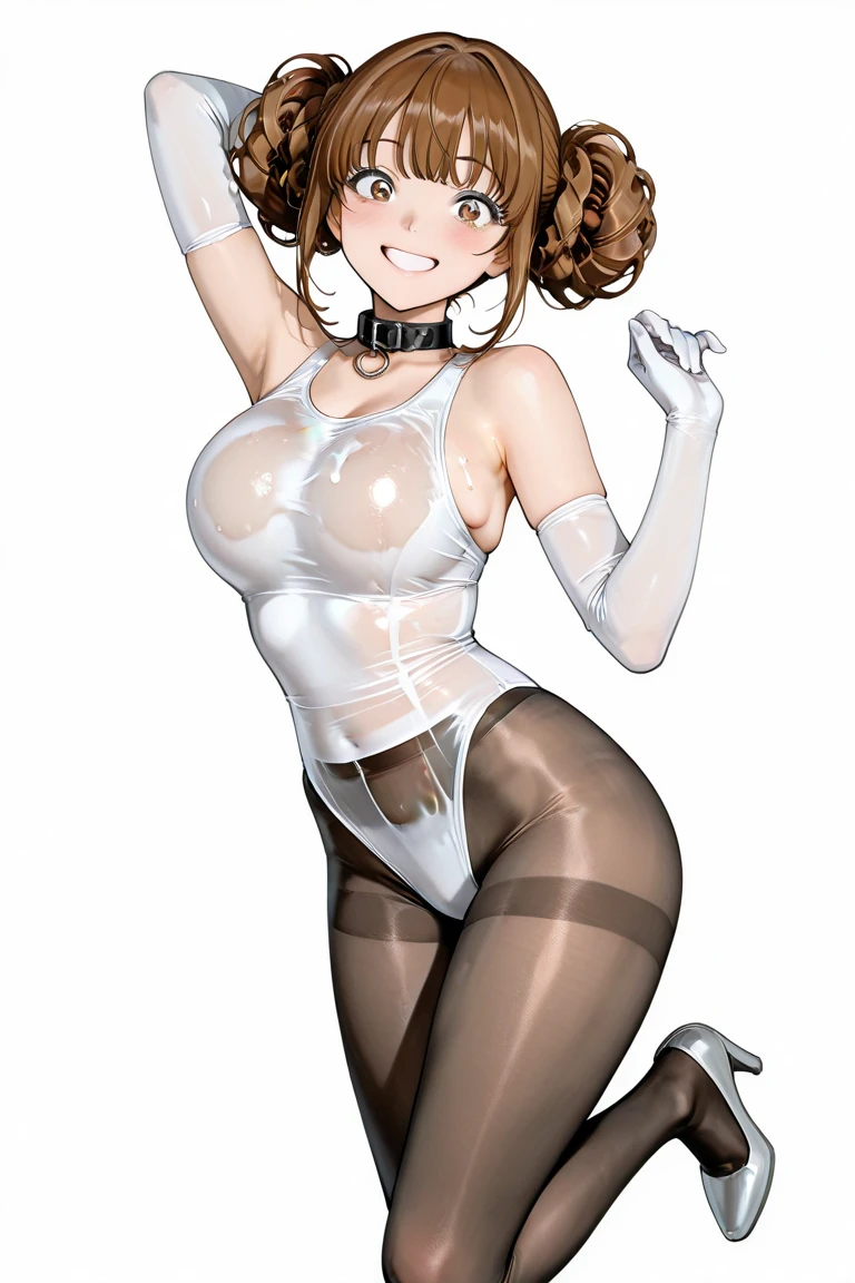 bunny girl, strapless leotard, black leotard, wrist cuffs, bowtie, medium hair, orange hair, bangs, pantyhose, high heels, hands on hips, smile, bedroom eyes, full body, ((wetting self, pee stains, puddle)), cameltoe, blue eyeshadow, (night club background), thick thighs, medium breasts