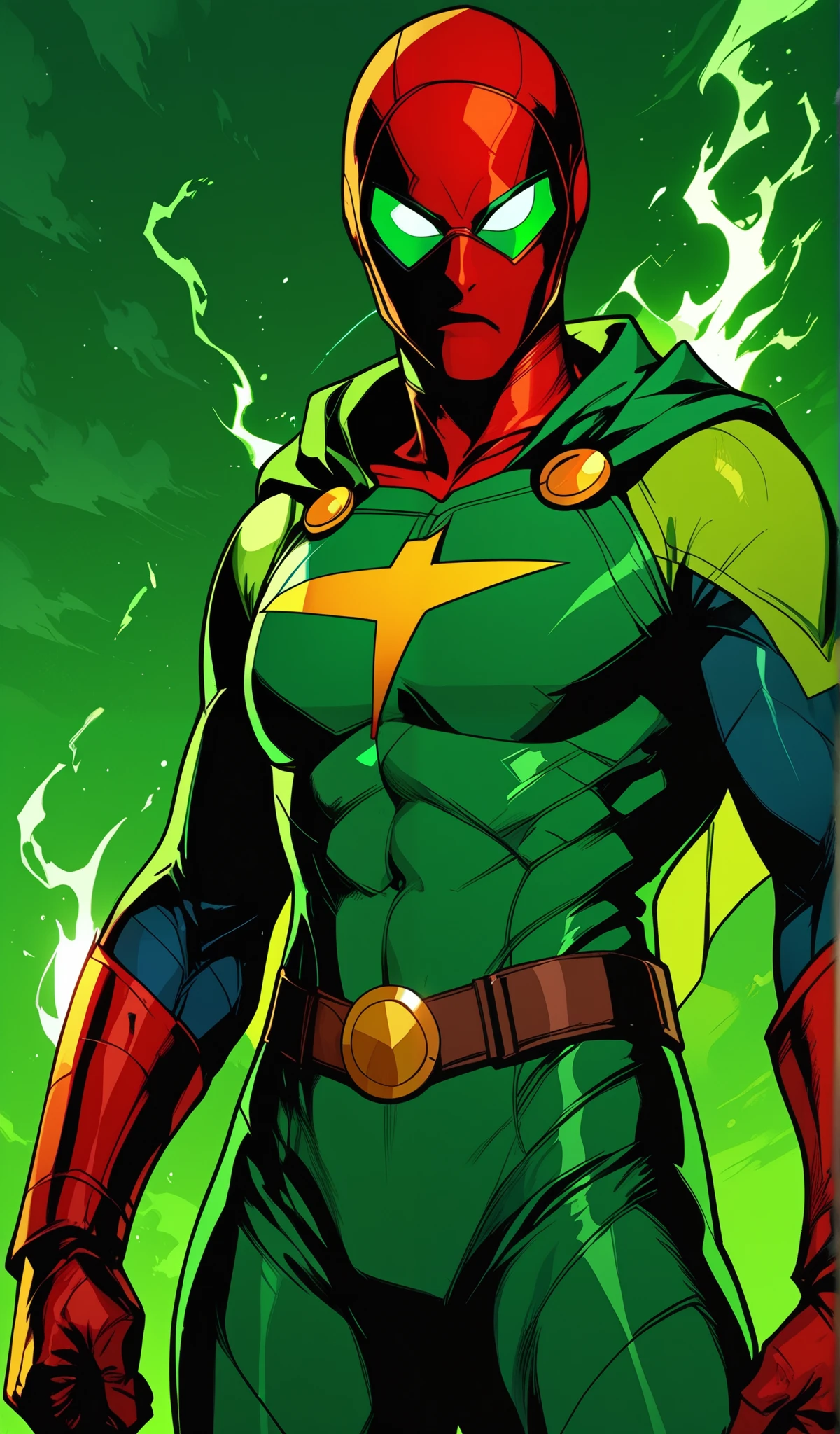 Drawn in 80’s anime art style. 
Retro anime. Vintage Anime. Classical Anime. 

This Superhero outfit is a highly recognizable and iconic superhero suit, primarily green and black, designed for both style and functionality. Here’s a detailed breakdown of its elements:

This person’s combat attire is a fusion of medieval warlord aesthetics, cutting-edge technology, and dark sorcery. He wears a cold, expressionless metal mask fused to his scarred face, paired with a reinforced helmet for added protection. His titanium alloy armor, sometimes infused with vibranium, grants superhuman strength, energy projection, and force field generation, making him nearly indestructible. Over this, he dons a fire-resistant green cloak and hood, often enchanted for extra defense. His gauntlets and boots contain built-in electrical weapons, jet propulsion for flight, and shock-absorption systems. A utility belt holds advanced gadgets, anti-magic tools, and teleportation devices, while his armor is infused with sorcery, allowing him to resist and counter magical attacks. His regal golden clasps, bearing the Latverian insignia, sometimes function as power sources or communication devices. This fearsome combination of strength, science, and sorcery makes them an unstoppable force on the battlefield.

This outfit not only provides protection but also enhances the Superhero’s combat capabilities, making them an effective and stylish anti-hero.