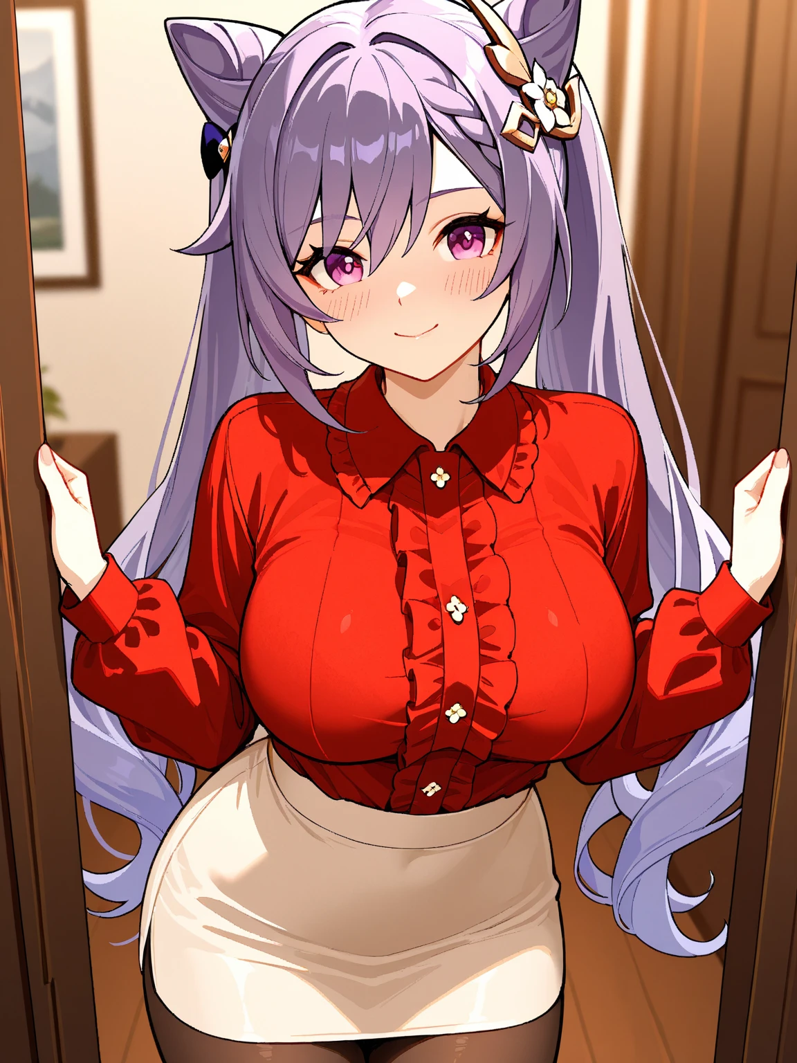 (((chibi, large breasts))), masterpiece, ultra-detailed, best quality, illustration, 8k cg wallpaper, an extremely delicate and beautiful, 1girl, solo, perfect anatomy, cute face, smiling, blushing, sparkling eyes, deep purple eyes, beautiful detailed eyes, lavender hair, short hair, disheveled hair, cute hair accessories, cute earrings, cute necklace, slim body, formal school uniform, perfect arms, perfect hands, perfect fingers, cute arm accessories, cute hand accessories, perfect legs, cute, pretty, beautiful, sexy, perfect body, (background: castle bedroom, bed, desk, chair, window, intricately detailed items in background), <lora:AmpleChibi:1>