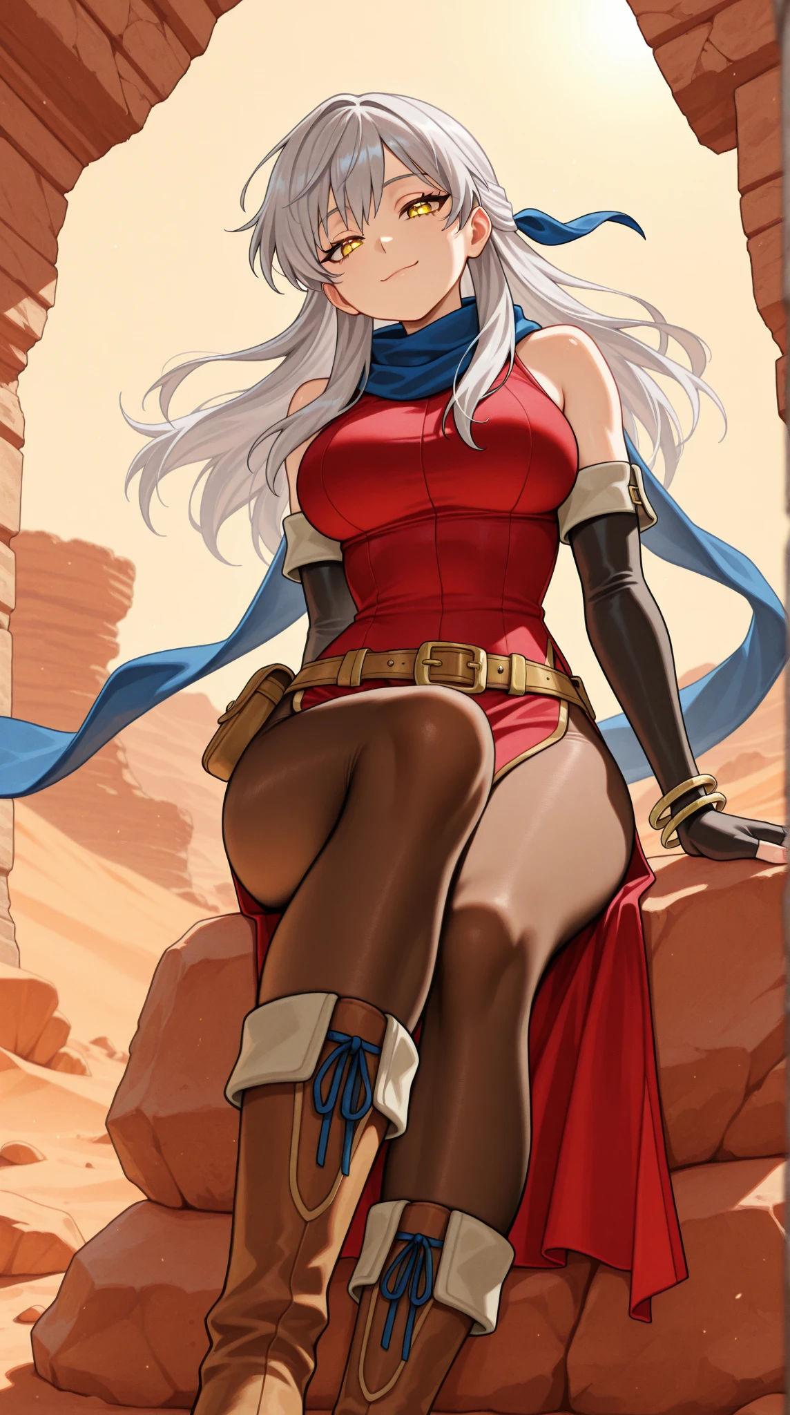iset, ((white bob cut, bangs, low ponytail braid,slit pupils, glowing blue eyes, ,facial mark, makeup, narrow waist, skinny, medium breasts, bracelet,jewelry, black skin, dark skin)), pelvic curtain, ((red bikini)), full body, perfect body, (insanely detailed, beautiful detailed face, masterpiece, best quality) , (((solo))), (((1girl))), (((mature))), (extremely detailed 8k paper CG wall unit: 1.1), (desert,Egypt, dusk), (smile face for the viewer), big ass, underbutt, behind, from back