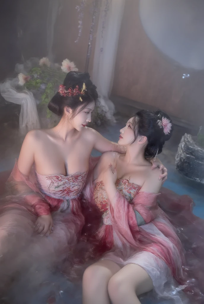 (8K,Vista full body photo),(closeup portrait of two women,sitting together,Detailed Face, front view, Look at the camera,duo,stroking,leering:1.4,20yr old,delicate face,detailed face,Redlip,Fair smooth skin,(Classic Hmong costume:1.4,(Satin fabric with flowers,The cuffs are multi-colored horizontal strips,Cardigans,Short waist long version),Silver products,Silver necklace,silver hair clip,hair-bun),(pleatedskirt,(Hmong embroidery、batik)),earNipple Rings,bangle,Tall and tall,Posture of conversation,perfect hand,Ultra-fine clothing material),(Traditional Xijiang Miao village,Festive night background in cottage,Exquisite environmental details),(exhilarated,confident smile,Rejoice),(profesional lighting,dynamic lighting),((The colors are more balanced,(black in color,blue colors,red colour))),(Golden section,Cinema lenses,Hasselblad photograp,tmasterpiece:1.3),(Miaozhai idol,Focus on the field,trendsetting,Folklore artist,Art platform)