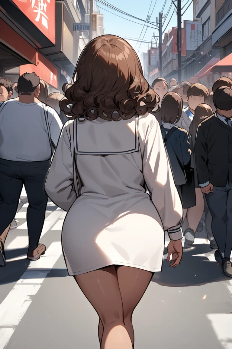 A naked girl spreads her buttocks to show her anus and hairy pussy to a group of people on the street