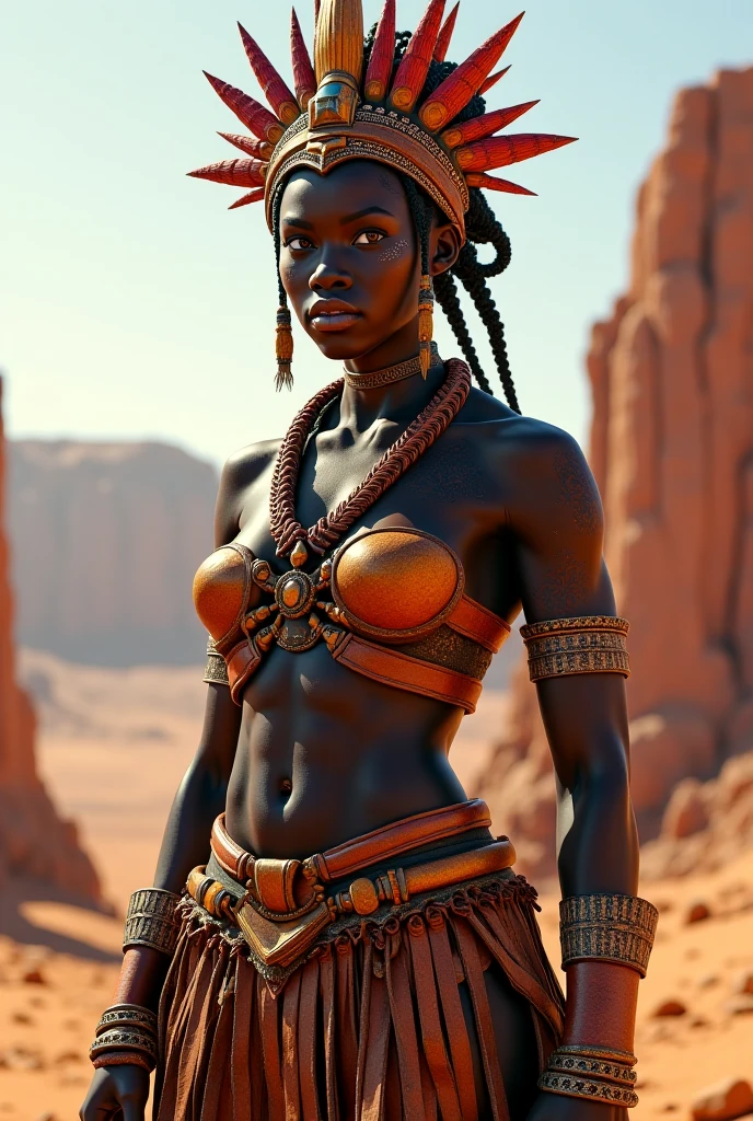 A girl from the Himba tribe in Namibia, imagem do corpo todo, and is dressed in a golden leopard dress