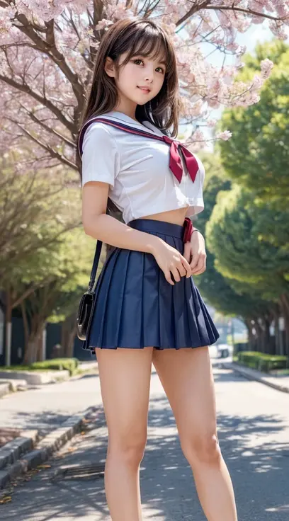 Girl Standing In Schoolyard, Cumulonimbus clouds floating in the summer sky, (Navy blue school swimsuit:1.1), (On a white sailor shirt), school bag, 13 years old, (Very slim:1.4), Thin thighs, knees, Brown eyes, Short hair tied low
