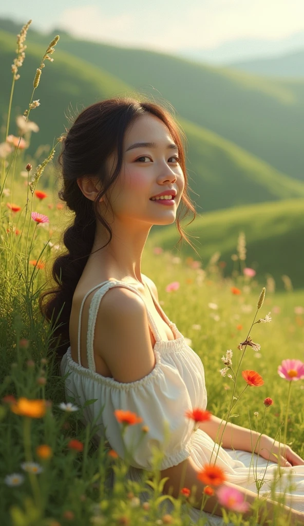 Highest quality, Chest Focus, Soft Light, Ultra-high resolution, (Realistic:1.4), RAW Photos, 1 Japan Girls, alone, cute, (Brown eyes, Light in your eyes), Beautiful face in every detail, (Small box),(High resolution detail of human skin texture), break, Japanese beauty、Small valley、White dress、smile、plateau、stroll、、light makeup、No sleeve、Lying down