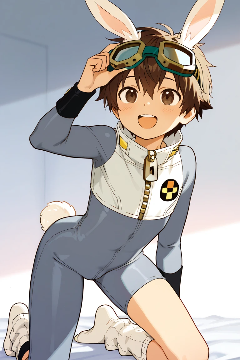 a boy， short hair，boy in grey bodysuit，Kneeling，cute，A  with brown hair wearing white over-the-knee cotton socks，happy，Goggles，Rabbit ears， masterpiece, best quality ，male focus， Shota，zipper