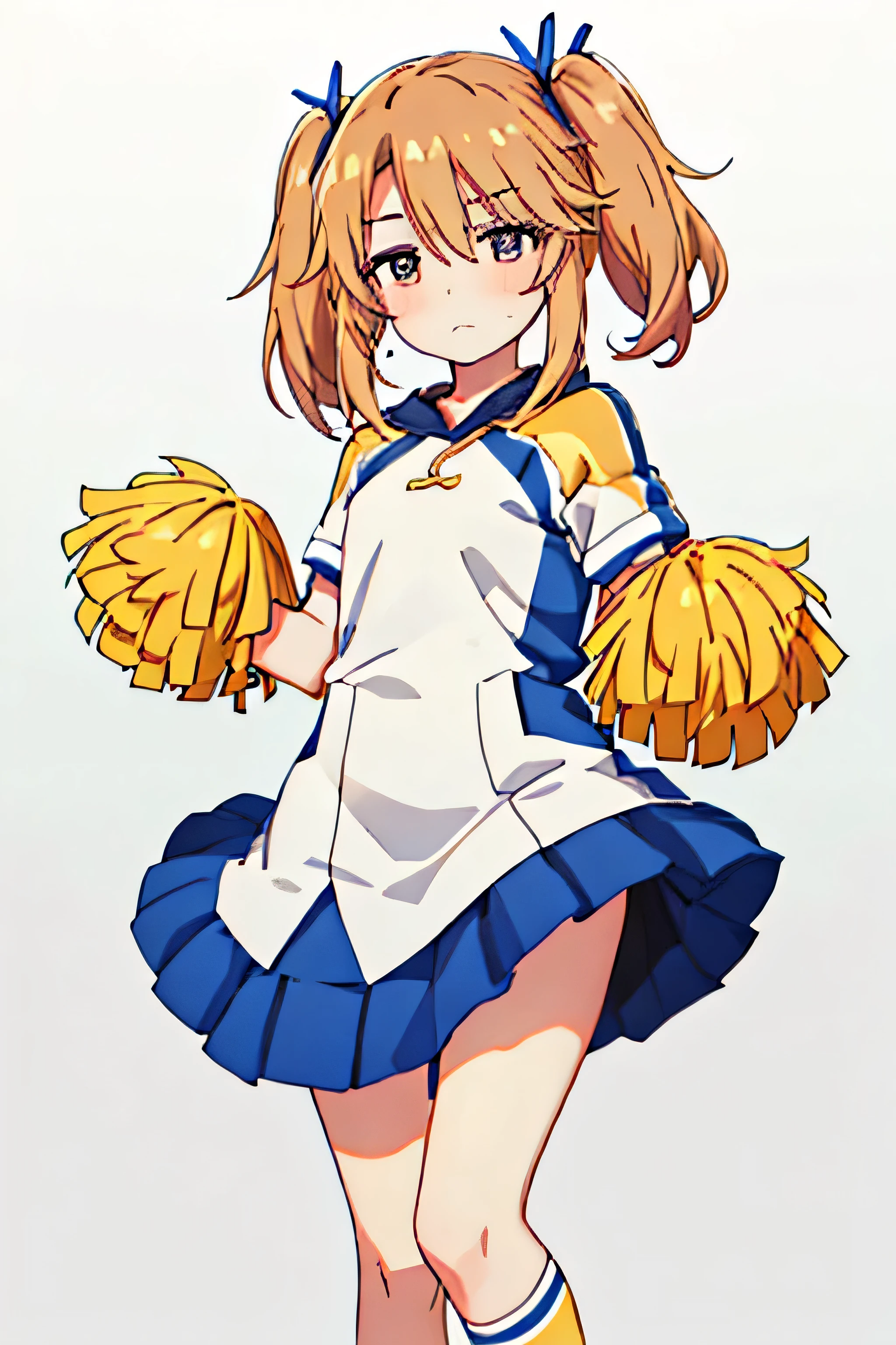 Here is your prompt broken down into specific categories:
Hair Features:
• Medium-length, slightly wavy light brown hair
• Styled into twin-tails
• Tied with red and yellow ribbons
Facial Features:
• Shy and slightly embarrassed expression
• Cheeks blushing
• Eyes showing a hint of determination despite the bashful demeanor
Body Type:
• Short stature
Outfit:
• A simple and cute mini-length dress
• White knee-high socks
Pose:
• Standing with feet shoulder-width apart
• Facing forward
• Looking slightly hesitant but still embodying the spirit of a cheerleader
• Holding two large, fluffy yellow pom-poms in her hands
Background:
• Clean, minimalistic gradient to emphasize her vibrant presence
• Simple background