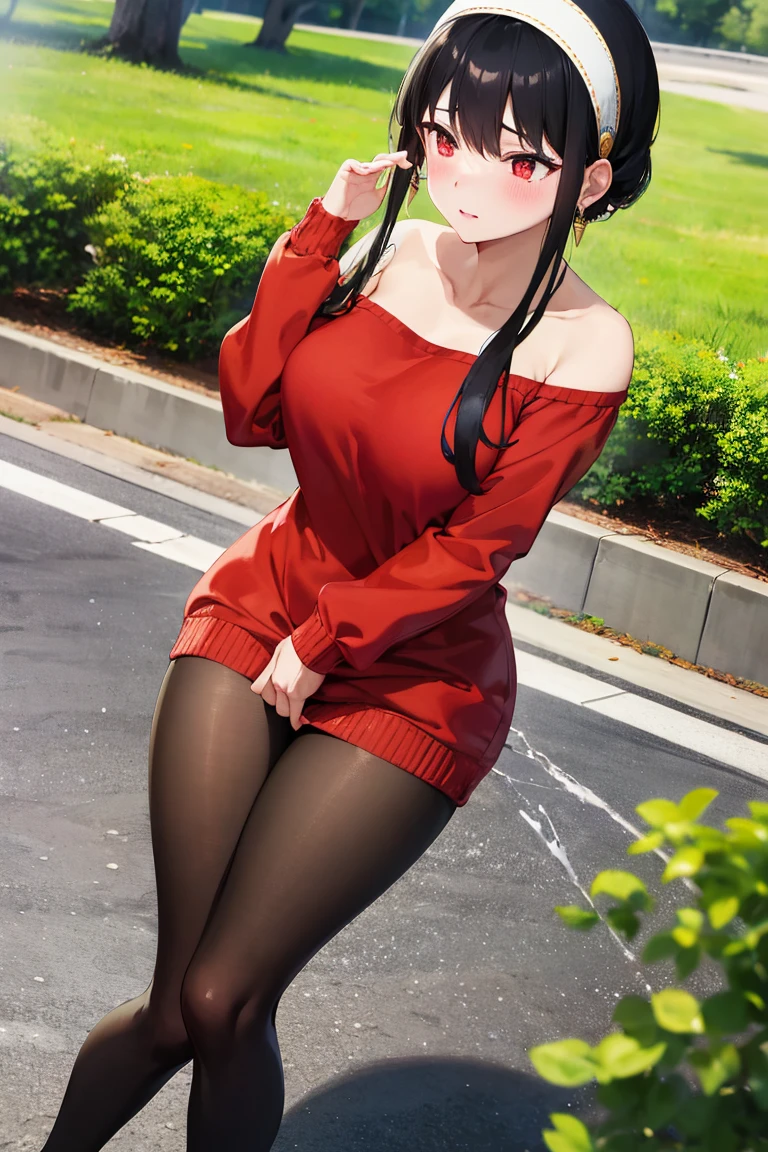 (masterpiece, highest quality) Youghal, 1 girl, alone, full body shot, beautiful, blush, very sexy, Functionality, looking at the viewer, black hair, red eyes, dress, bare shoulders, jewelry, clavicle, side lock, hair band, earrings, indoors, off shoulder, sweater, turn your arms behind your back, plant, short hair with long hair, white hair band, off-shoulder dress, sweater dress, off-shoulder sweater, red sweater, large side hair, Very long side hair, big breasts, put your hand on your chest, hands pressing chest together, masturbation, grab your chest, spread your legs, raise your legs,