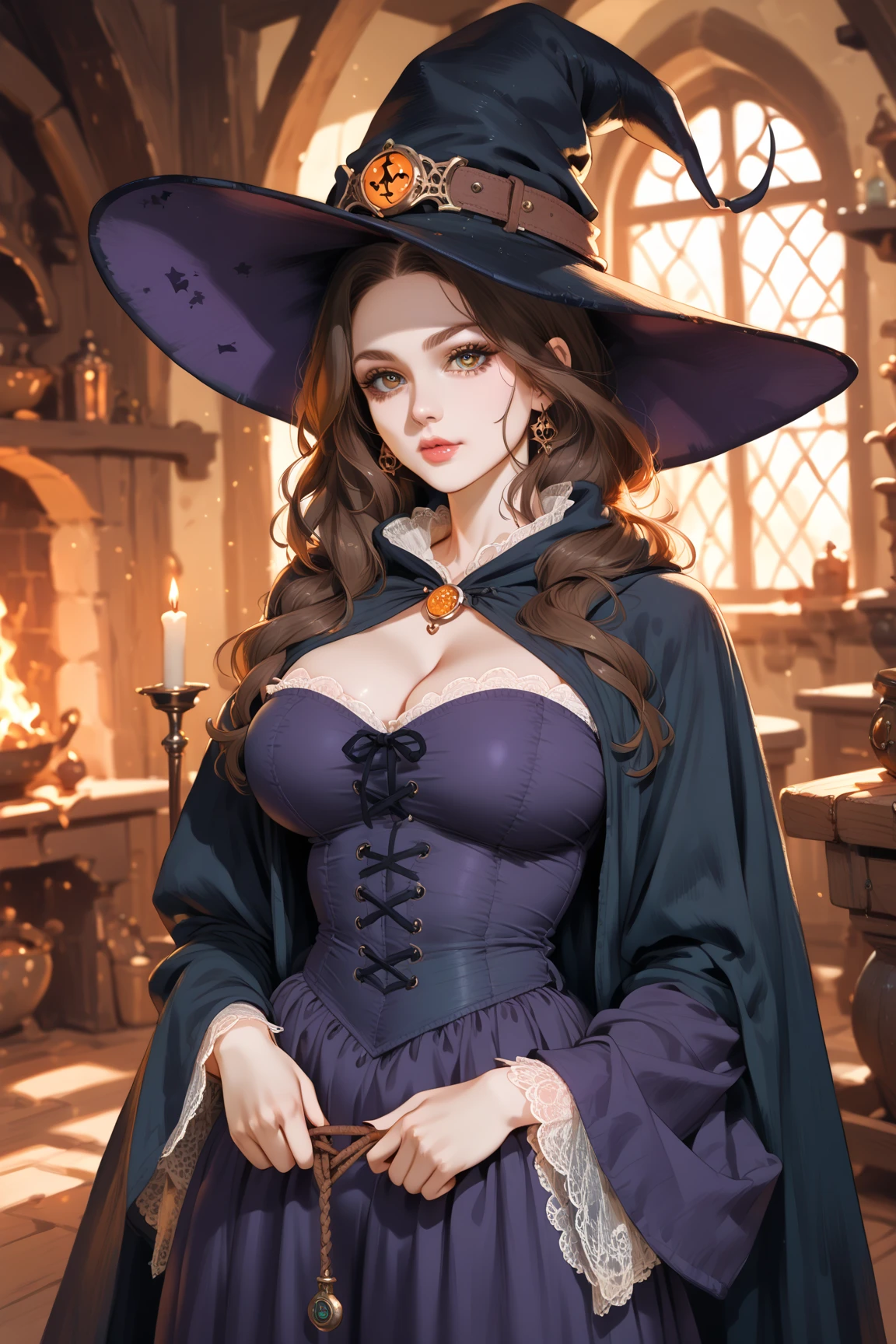 witch, massive breasts, sexy pose, sexy dress, curvy