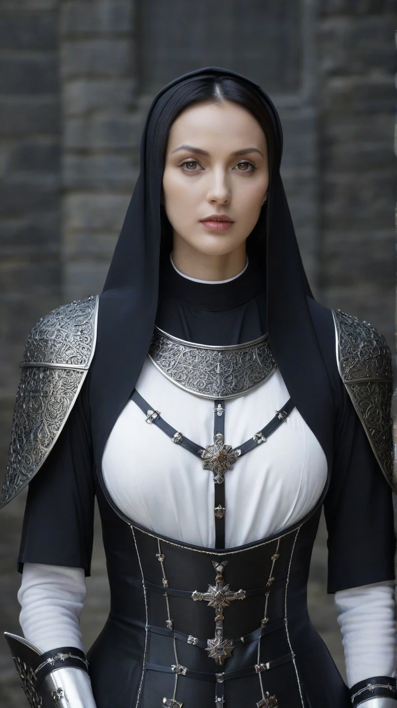 (masterpiece:1.2), (highest quality:1.2), Perfect Eyes, Perfect Face, Volumetric lighting, One girl, Mature Female Warrior Nun, Mature Woman, armor, Robe, Brown Hair, Shoulder rest, sword, belt, Stern expression, Fantasy, Outdoor, Detailed Background, compensate, lipstick, eye shadow, mascara, Thick eyelashes、whole body、boots、Long skirt、Are standing
