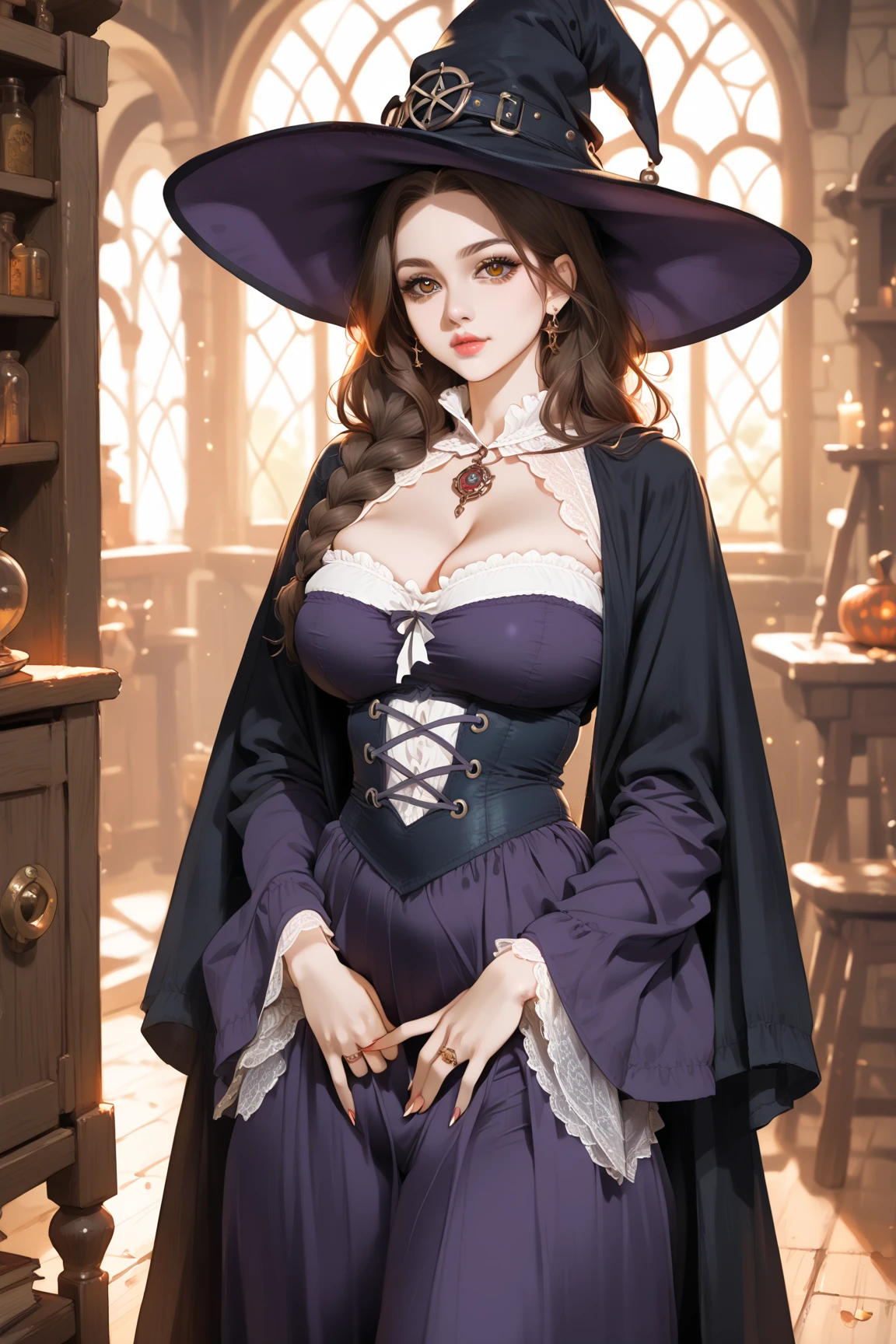 （Front Focus），（in the darkness nigth：1.6），Surrealist portraits of women by David Hockney and Alphonse Mucha，((ultra gigantic tits))、((Upper body naked))、( Exposed)、((Wizard's House))、Fantasyart，((Long purple hair))、((the witch))、((Sexy black and purple witch dress、Witch dresses with less fabric))、photographrealistic，动态照明，art  stations，poster for，Volumetriclighting，extra detailed face，4 k''，((Colossal tits))、Beautifully embroidered award-winning black and purple sexy witch dress，With diamonds，Sexy thighs，Decorated with fine embroidered dress costumes and fine jewelry，exposing the abdomen ,Chest 1 Girl, In the Dark, deepshadow, low tune, Cowboy Shot,(official clothing:1.4), The eyes are confused and seductive，legs separated