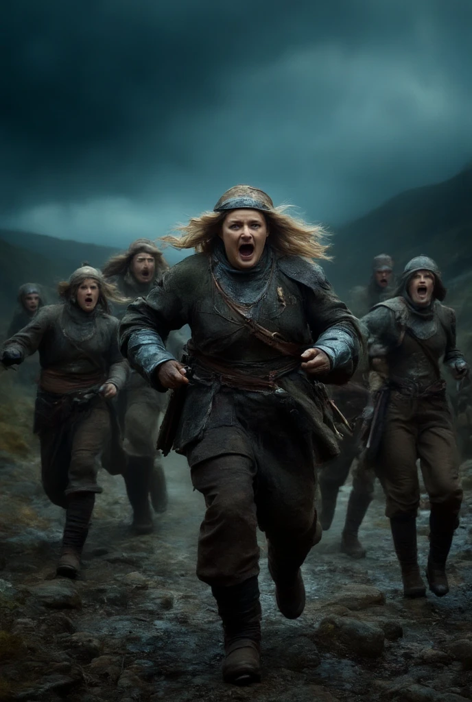 A group of strong, super muscular, wide shoulders, fat, ugly bulky women, wearing historical medieval clothes and trousers with boots, and some have metal helmets, holding weapons, as they scream and shout while running towards viewer, rocky mountainous biome, night time, night sky,  dark colors. Dark cinematic lightning.