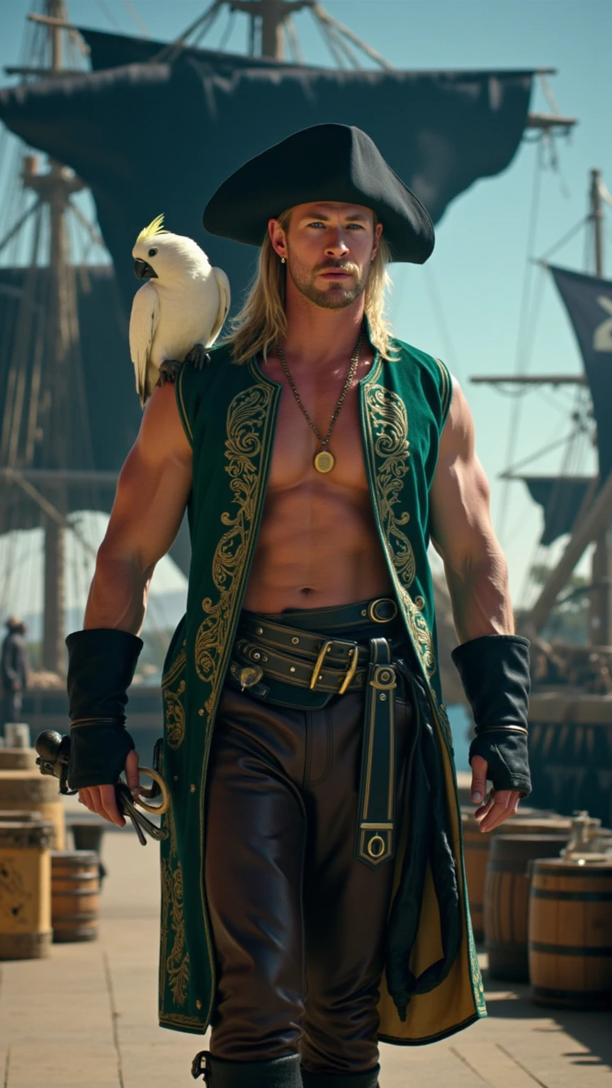 A middle-aged man with long black hair,Handsome，Sexy，medium length blonde hair, Wearing a small round felt hat on his head, His eyes are cunning and sharp, beard, tall and big, topless, Big skull tattoo, A gold belt is tied around the waist, Belt with bone decoration, Metallic gloves, Two-color underwear, knee-high leather boots, He stood proudly on the bow of a huge pirate ship, This character embodies a carefully crafted anime style fantasy style pirate, Characterized by sophisticated and mature comic illustration art style, HD, best quality, High resolution, Super detailed, Ultra-fine coating, Extremely refined, professional, anatomically correct, symmetrical face, Extremely detailed eyes and face, high quality eyes, creativity, original photo, 超HD, 8K, Natural light, movie lighting, masterpiece:1.5