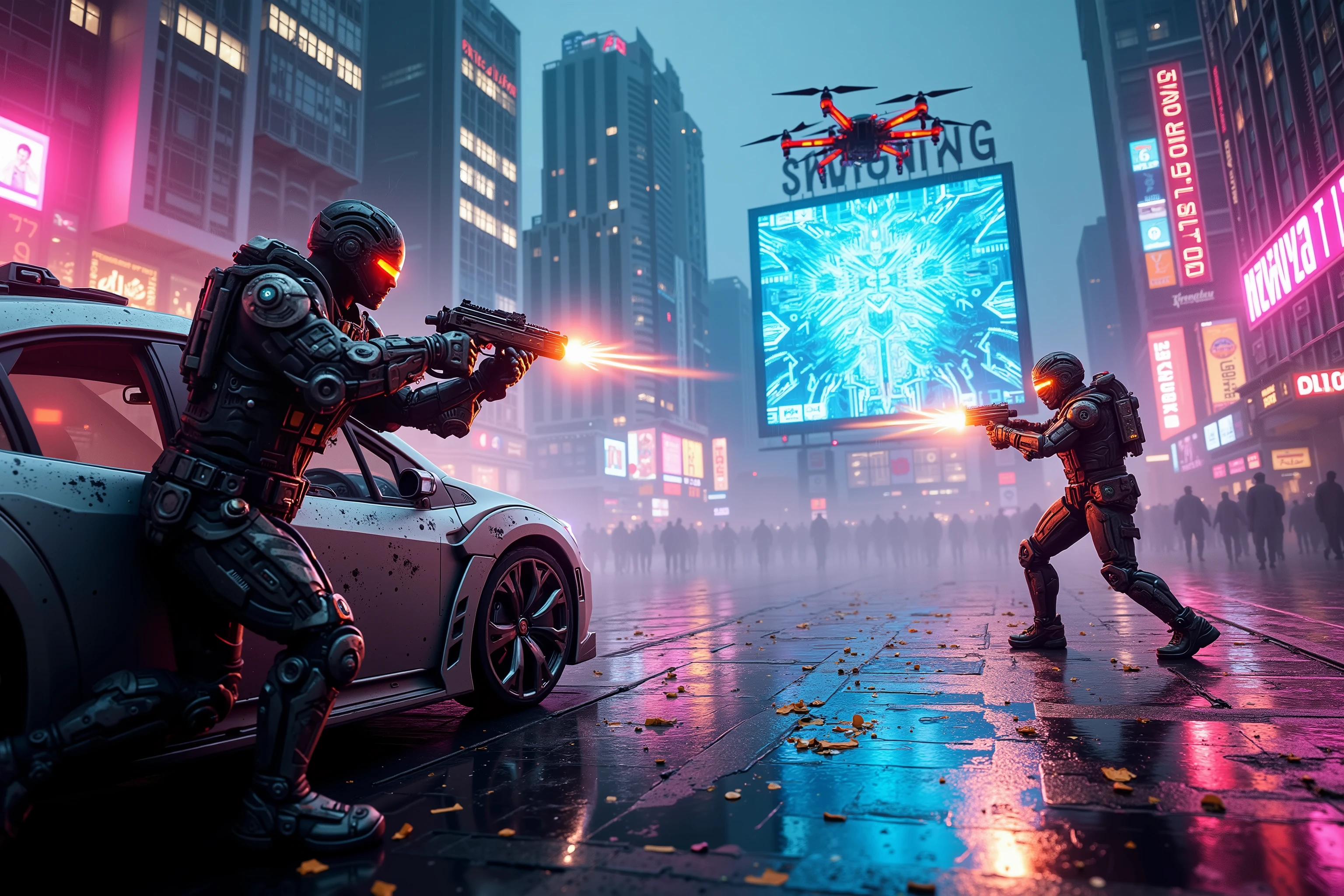 **A cinematic, photorealistic cyberpunk gunfight erupts in a neon-lit, rain-soaked cityscape. Holographic ads flicker, skyscrapers loom, and neon reflections shimmer on the wet pavement.
In the foreground, a cybernetic mercenary takes cover behind a sleek vehicle, dual-wielding high-tech pistols that fire glowing tracer rounds. Across the street, an opponent with robotic enhancements returns fire, their optic visor scanning for targets as plasma rounds sizzle through the air.
Sparks fly, glass shatters, and the battle unfolds in a haze of smoke, rain, and muzzle flashes. Above, aerial drones hover, scanning the chaos, while a massive glitching holographic billboard looms in the background, bathing the scene in pulsing neon light.**