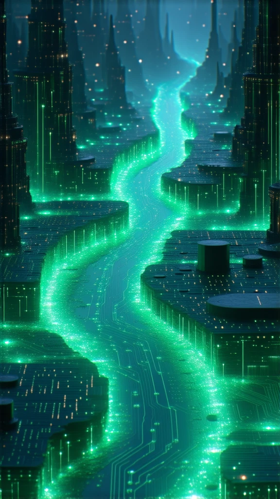 A surreal digital world inside a computer, electric circuits transforming into glowing pathways, particles of data flowing like rivers, bright green and blue neon lights, intricate patterns of microchips and binary codes forming abstract shapes, ethereal and otherworldly atmosphere, ultra-realistic detail, ultra-realistic glossy texture, extremely intricated, extremely complexed structures,